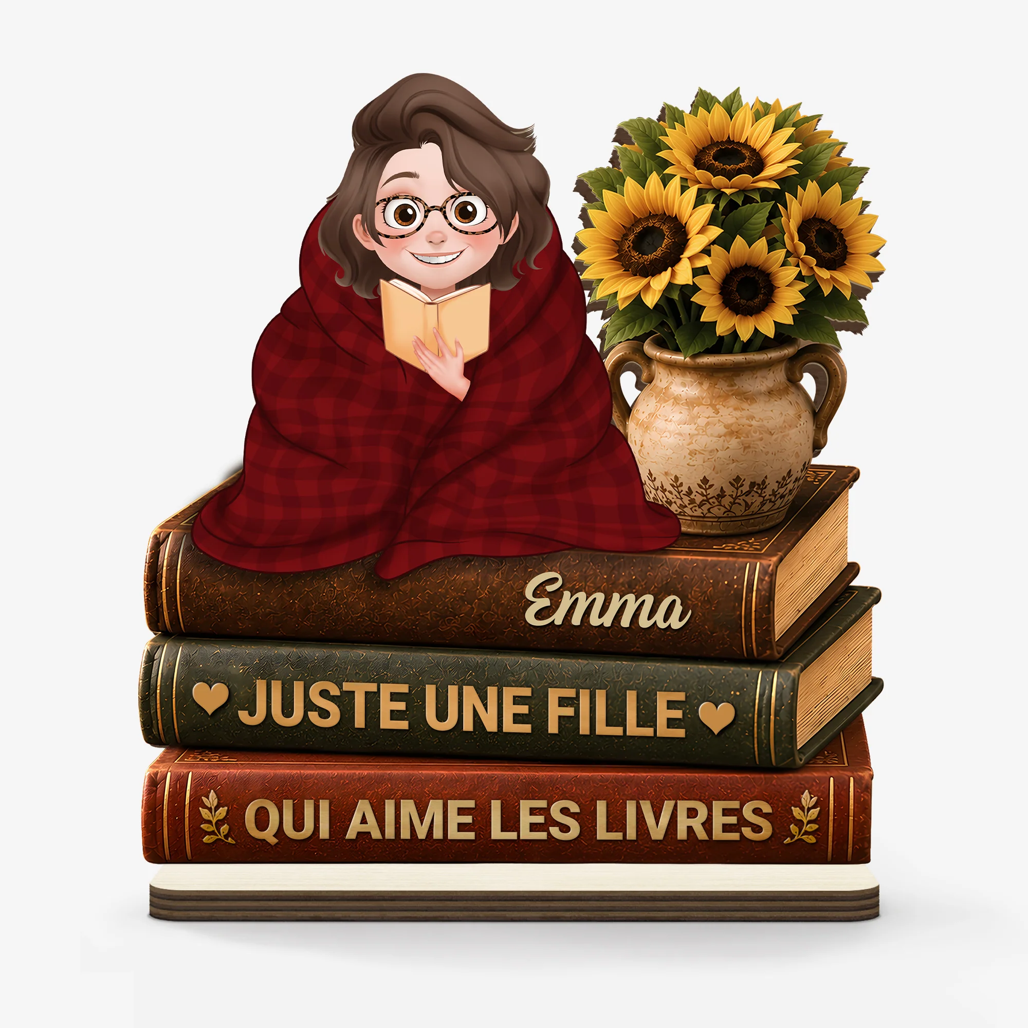 [Effet d'Impression 3D] Plaque Bois Personnalisable Avec Support Plat - Femme Homme Qui Aime Les Livres