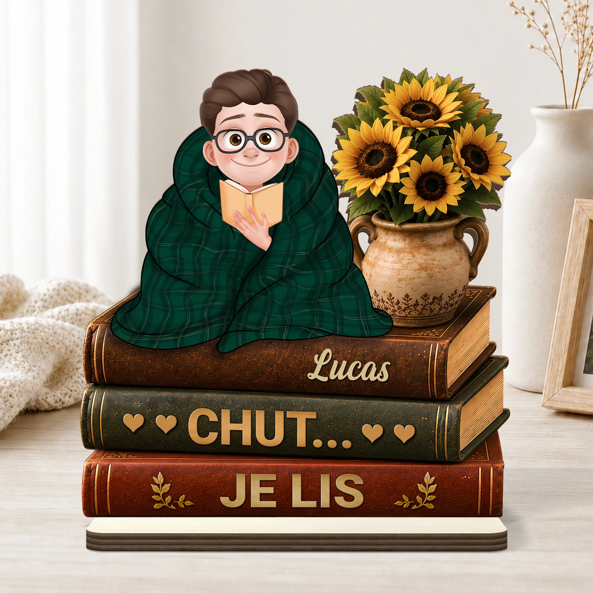[Effet d'Impression 3D] Plaque Bois Personnalisable Avec Support Plat - Femme Homme Qui Aime Les Livres - Image 2