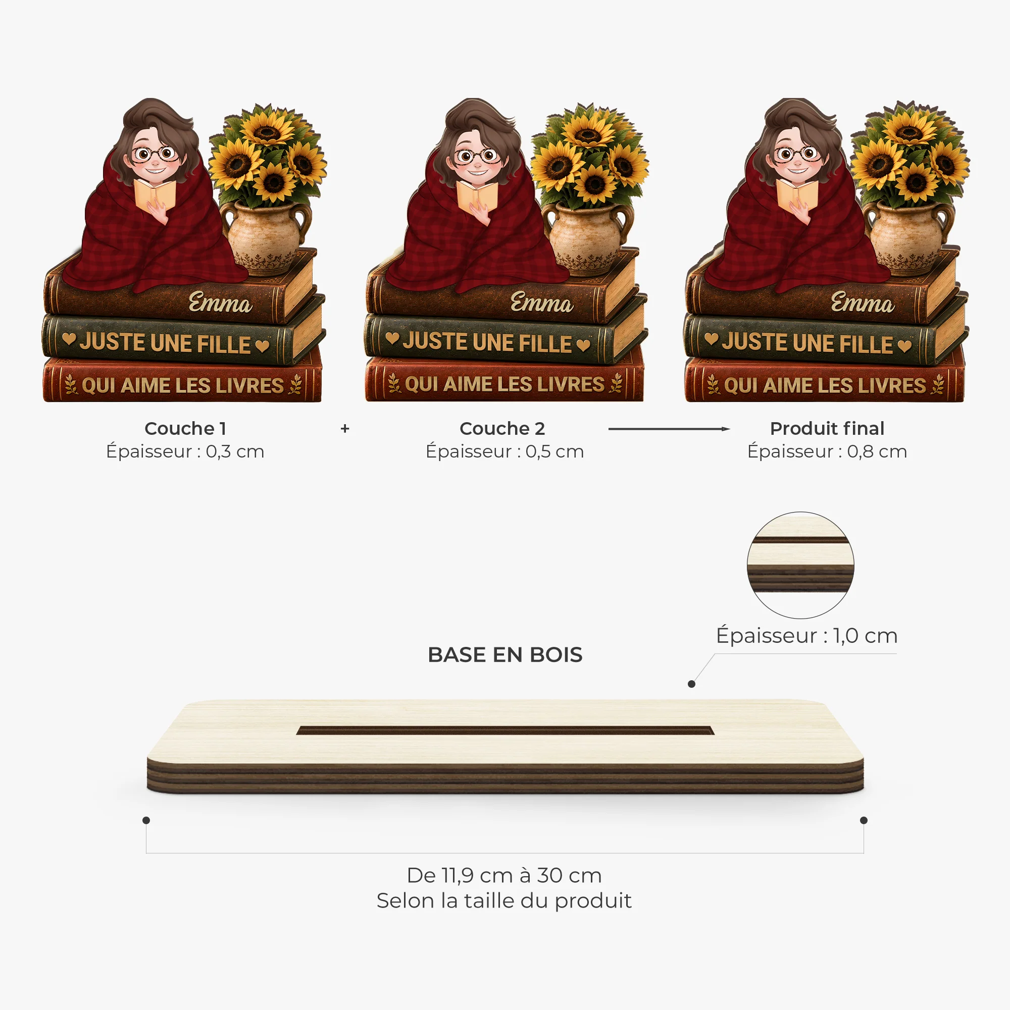 [Effet d'Impression 3D] Plaque Bois Personnalisable Avec Support Plat - Femme Homme Qui Aime Les Livres - Image 4