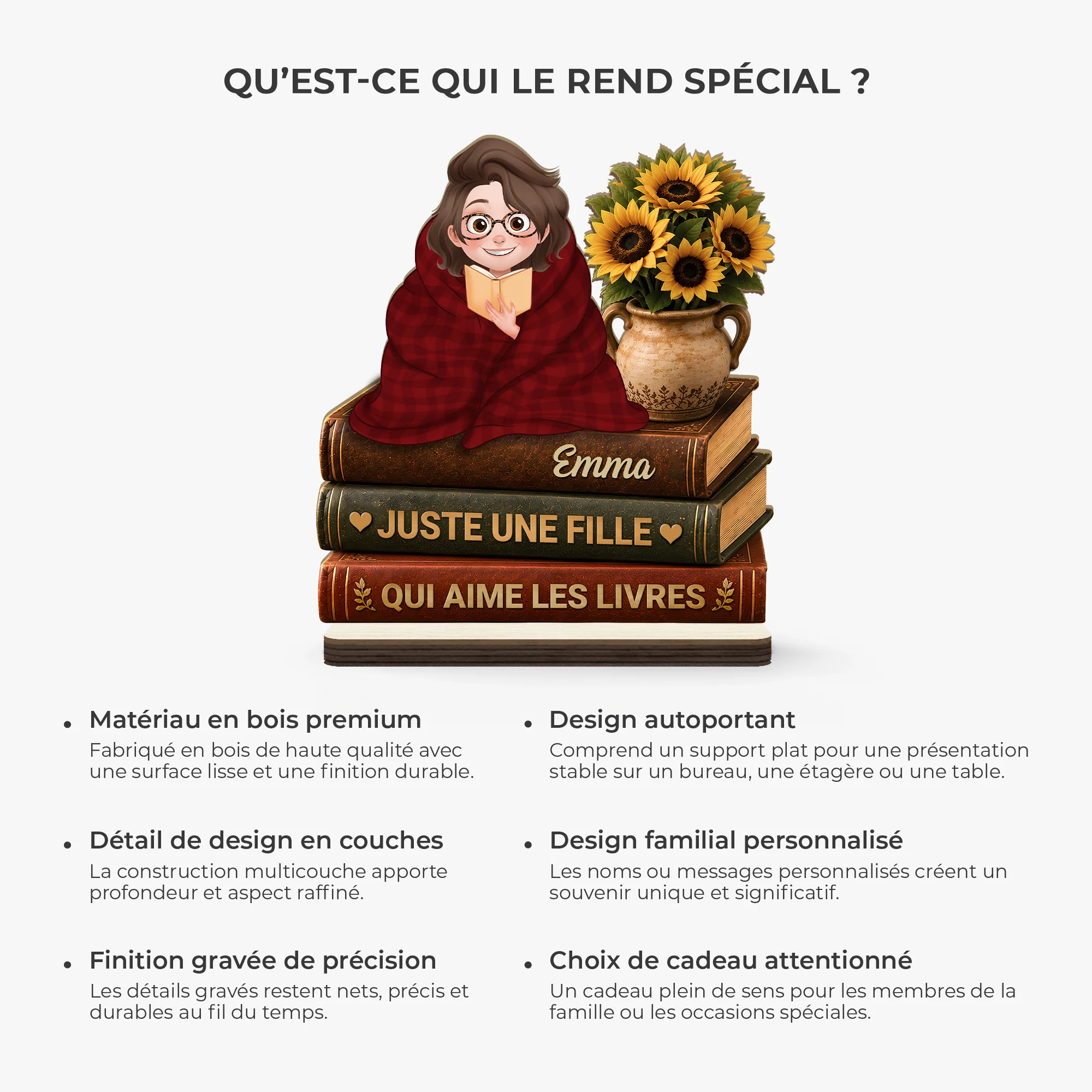 [Effet d'Impression 3D] Plaque Bois Personnalisable Avec Support Plat - Femme Homme Qui Aime Les Livres - Image 6