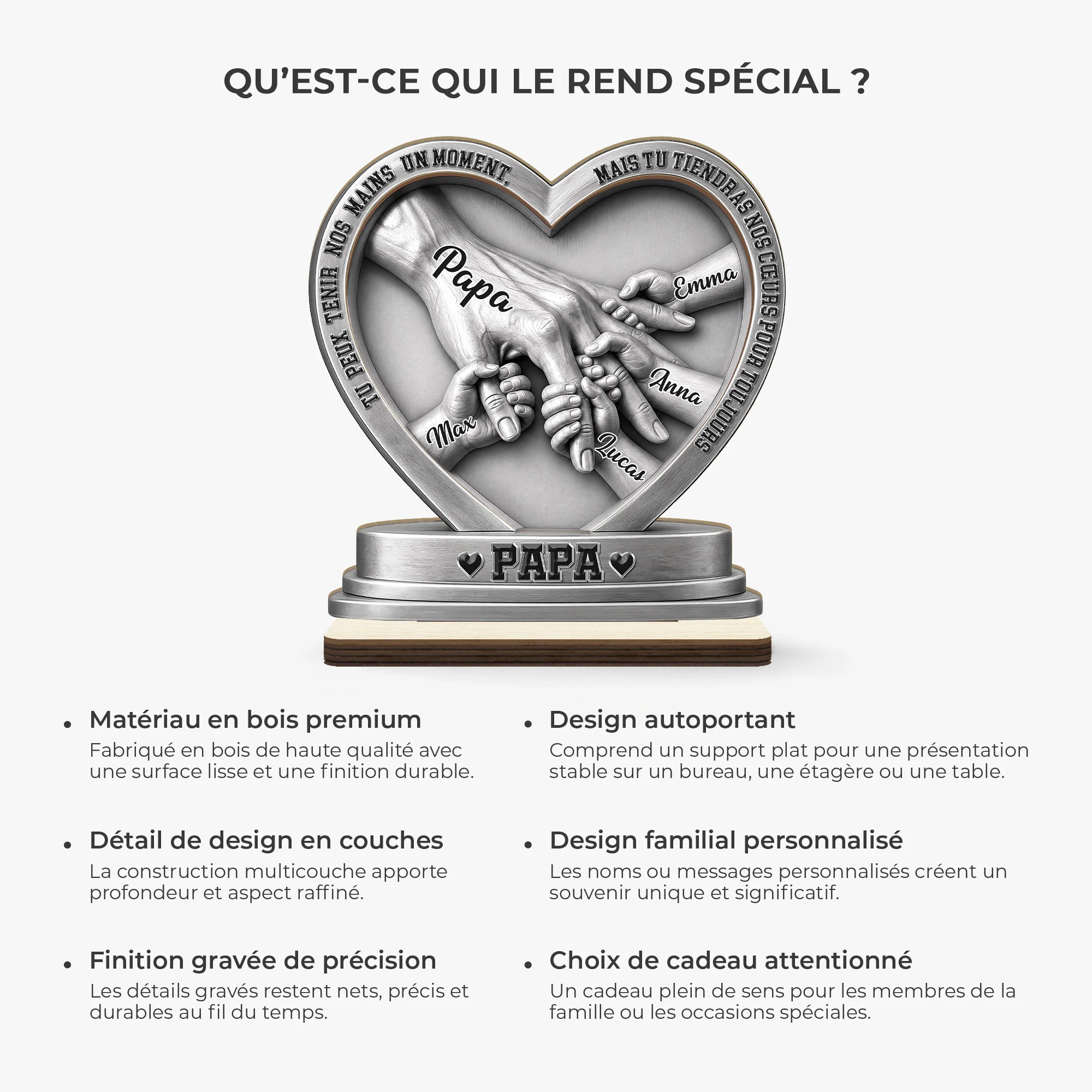 [Effet d'Impression 3D] Plaque Bois Personnalisable Avec Support Plat - Papa Papy Peut Tenir Ma Main - Image 6