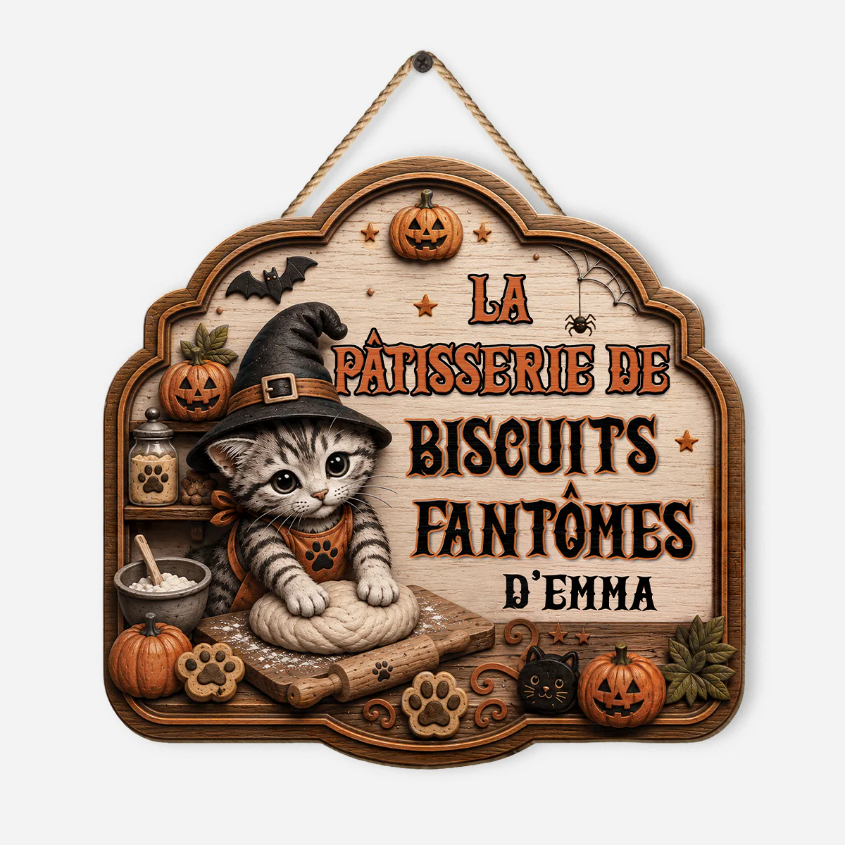 [Effet d'Impression 3D] Plaque Bois Personnalisée À Suspendre Halloween - Pâtisserie De Biscuits Fantômes