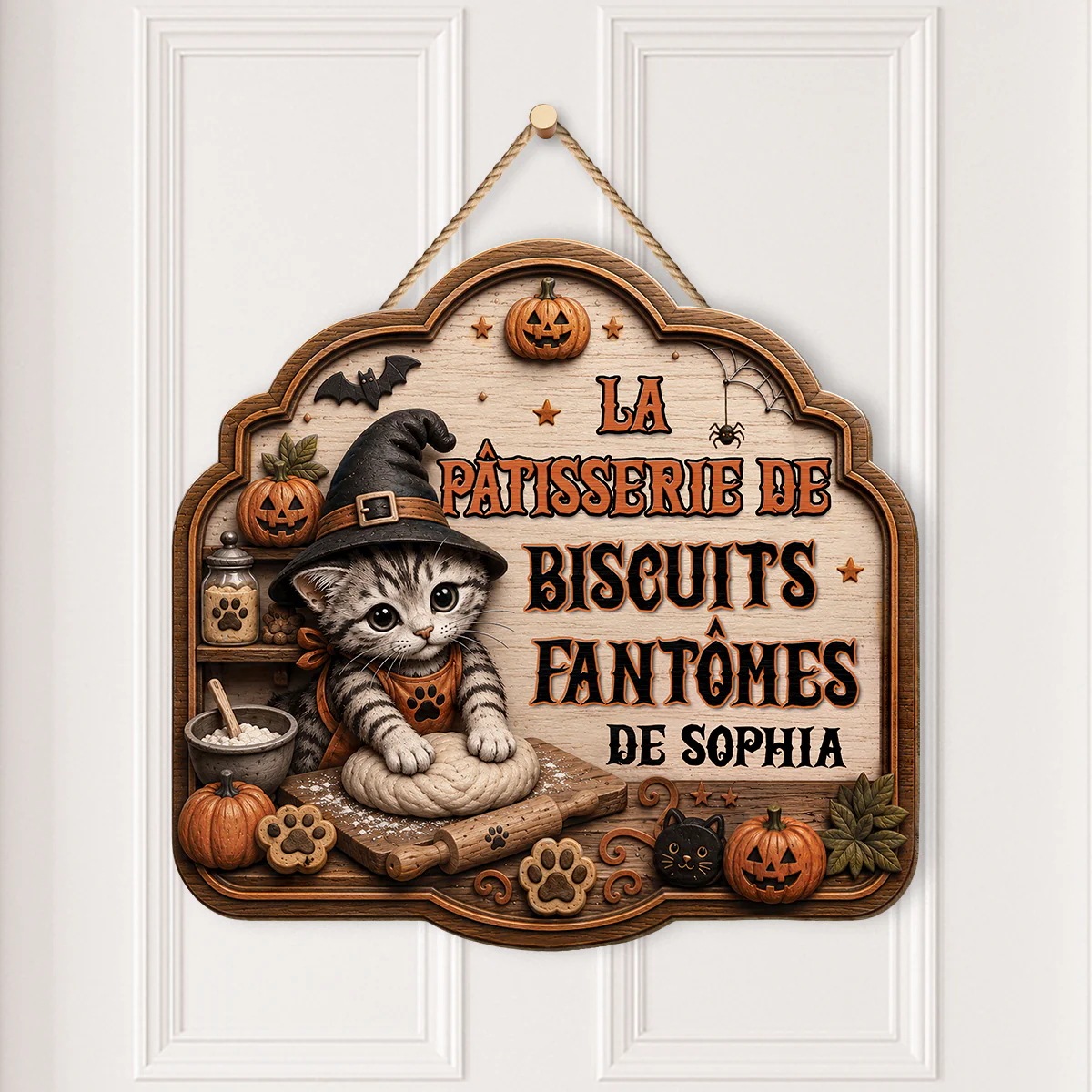 [Effet d'Impression 3D] Plaque Bois Personnalisée À Suspendre Halloween - Pâtisserie De Biscuits Fantômes - Image 2