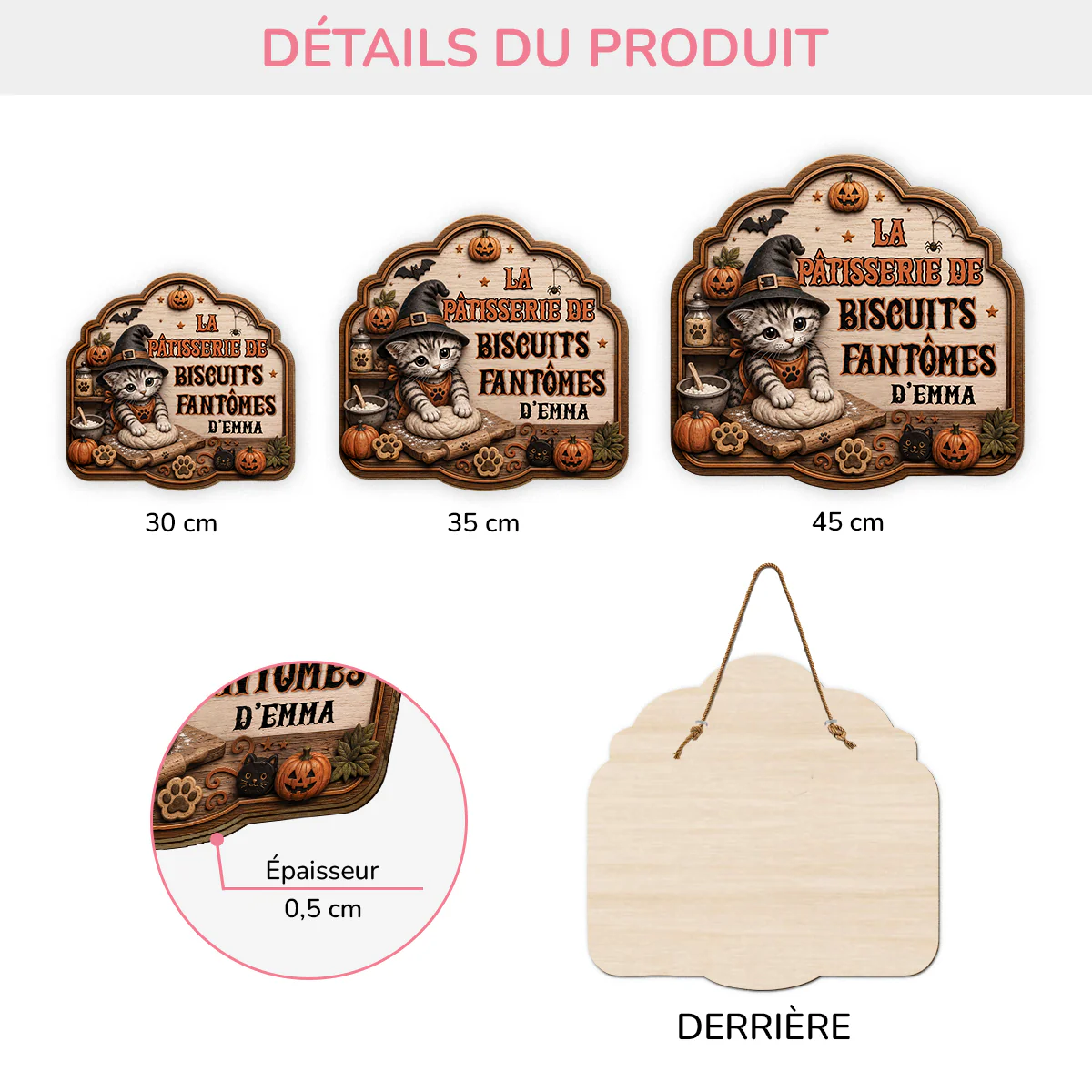 [Effet d'Impression 3D] Plaque Bois Personnalisée À Suspendre Halloween - Pâtisserie De Biscuits Fantômes - Image 3