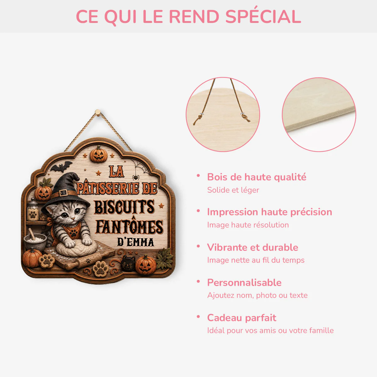 [Effet d'Impression 3D] Plaque Bois Personnalisée À Suspendre Halloween - Pâtisserie De Biscuits Fantômes - Image 4