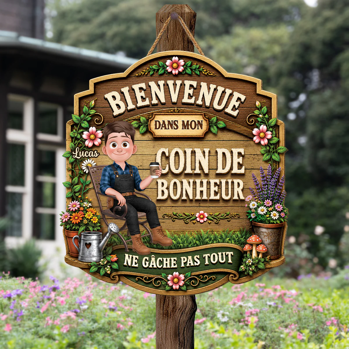 [Effet d'Impression 3D] Plaque Bois Personnalisée À Suspendre Pour Jardin Humour Femme/Homme - Coin De Bonheur - Image 2