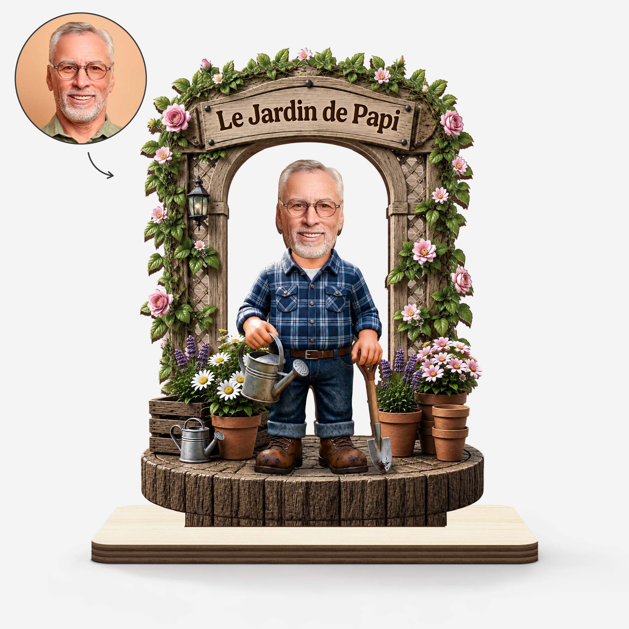 [Effet d'Impression 3D] Plaque Bois Personnalisée Photo Avec Support Plat - Le Jardin De Papy Mamie