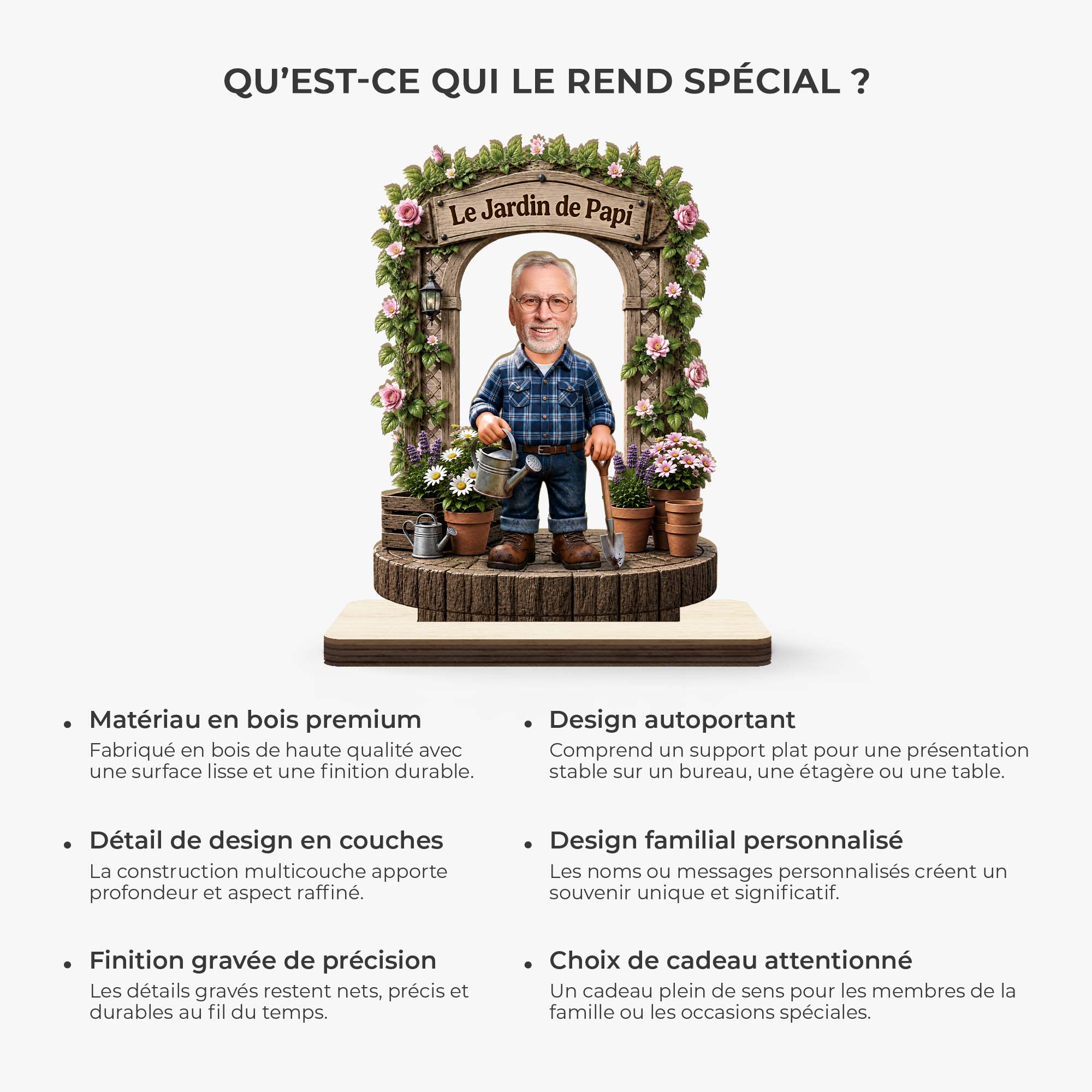 [Effet d'Impression 3D] Plaque Bois Personnalisée Photo Avec Support Plat - Le Jardin De Papy Mamie - Image 5