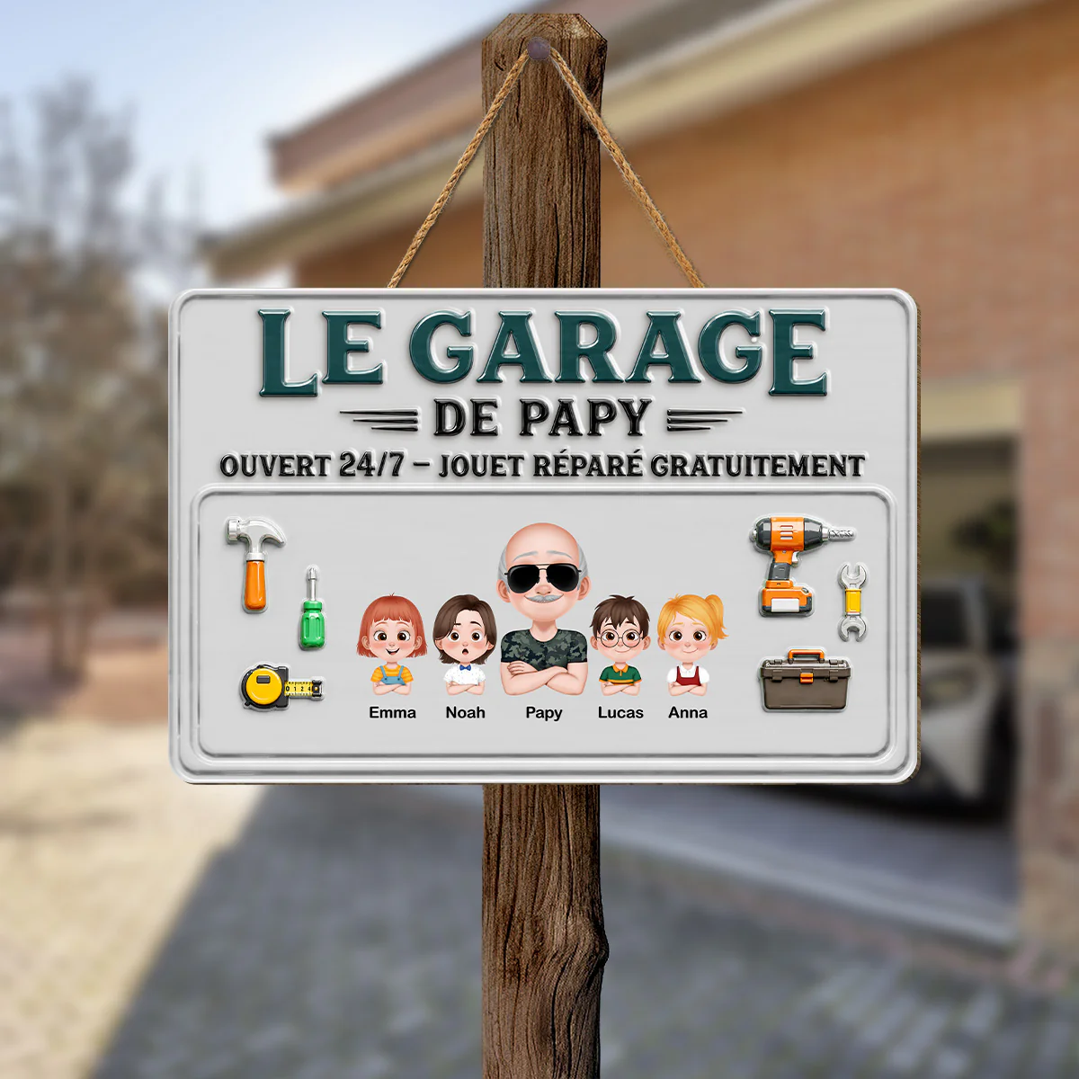 [Effet d'Impression 3D] Plaque De Porte Bois Personnalisée À Suspendre - Le Garage De Papy Et Papa - Image 2