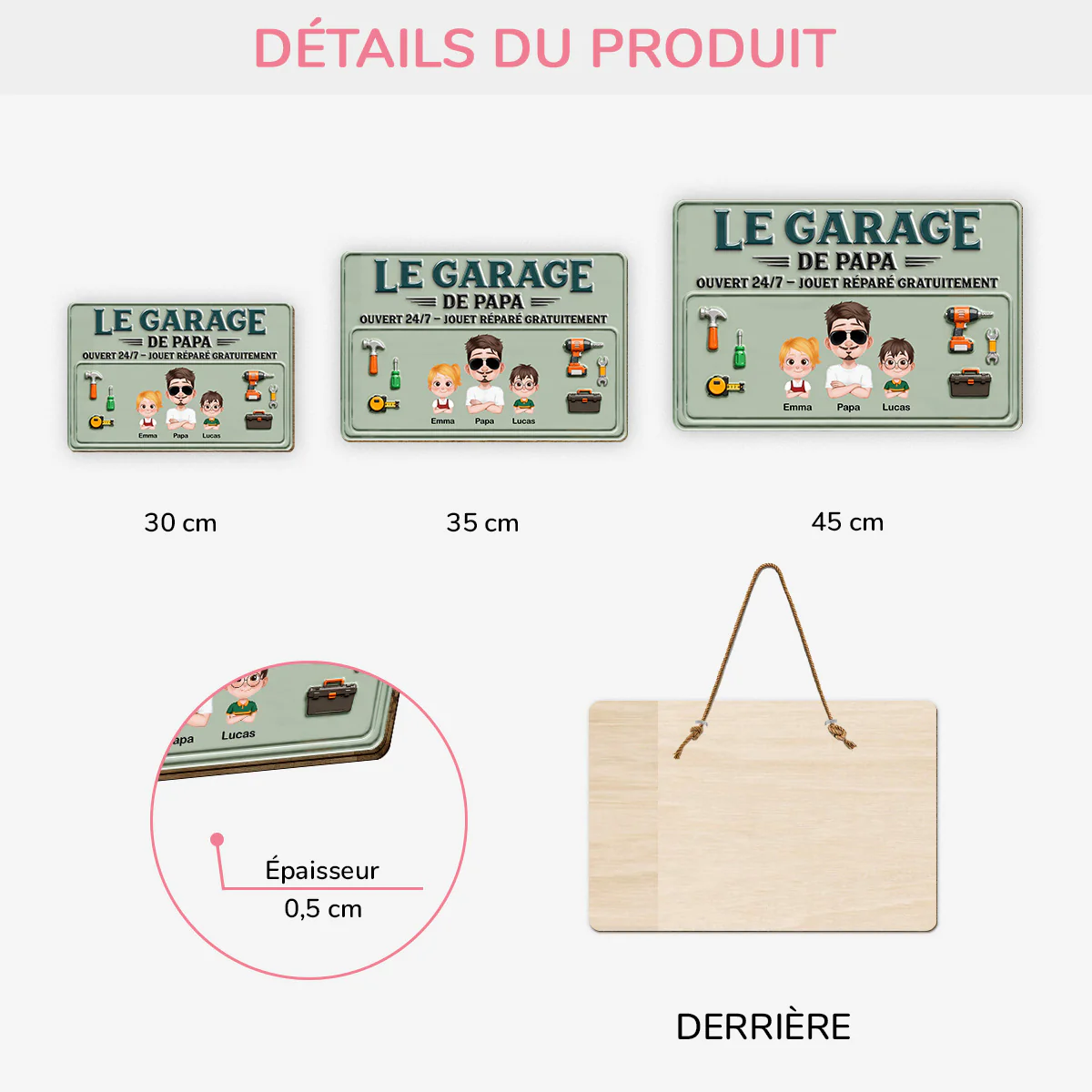 [Effet d'Impression 3D] Plaque De Porte Bois Personnalisée À Suspendre - Le Garage De Papy Et Papa - Image 3