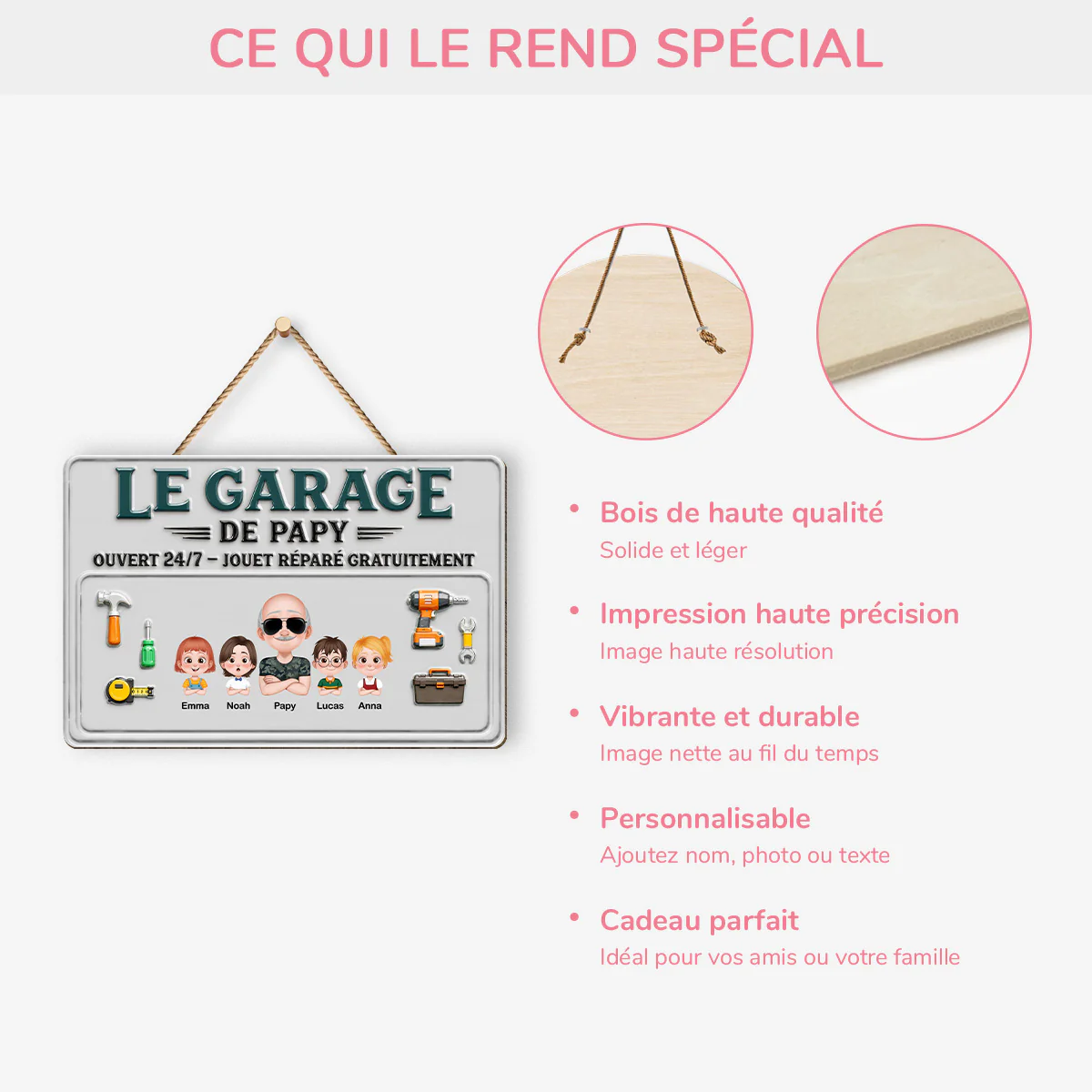 [Effet d'Impression 3D] Plaque De Porte Bois Personnalisée À Suspendre - Le Garage De Papy Et Papa - Image 4