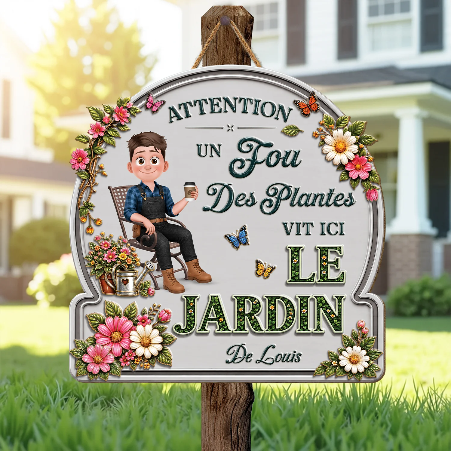 [Effet d'Impression 3D] Plaque De Porte Bois Personnalisée Pour Jardin - Attention Femme Homme Fou Des Plantes Vit Ici - Image 2