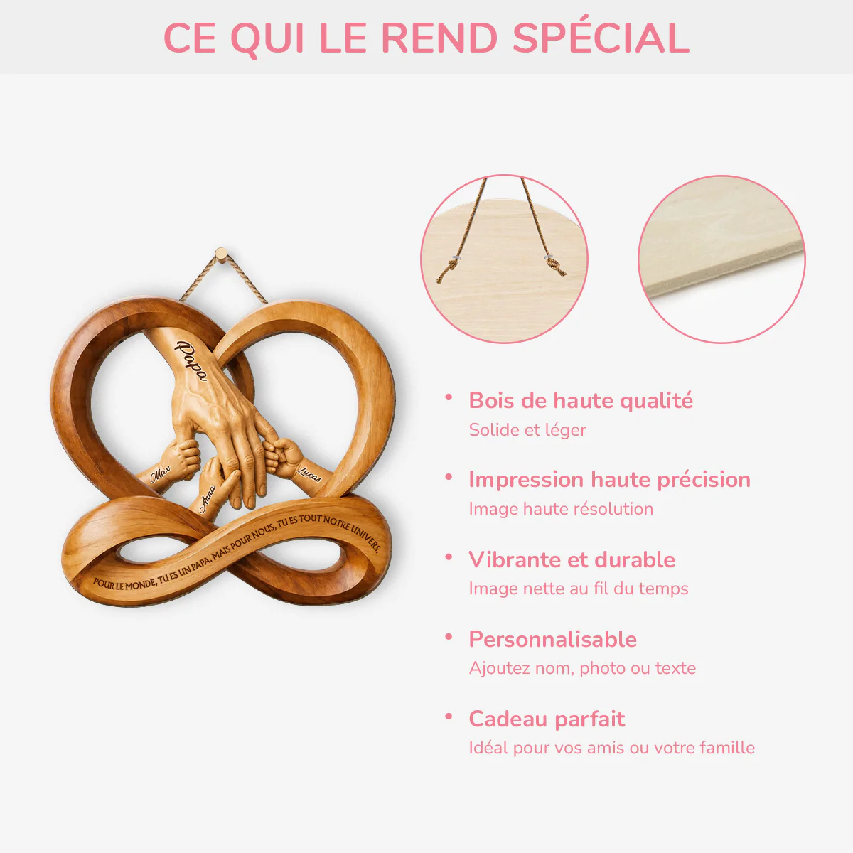 [Effet d'Impression 3D] Plaque En Bois Personnalisée À Suspendre - Papa Maman Mon Univers - Image 4