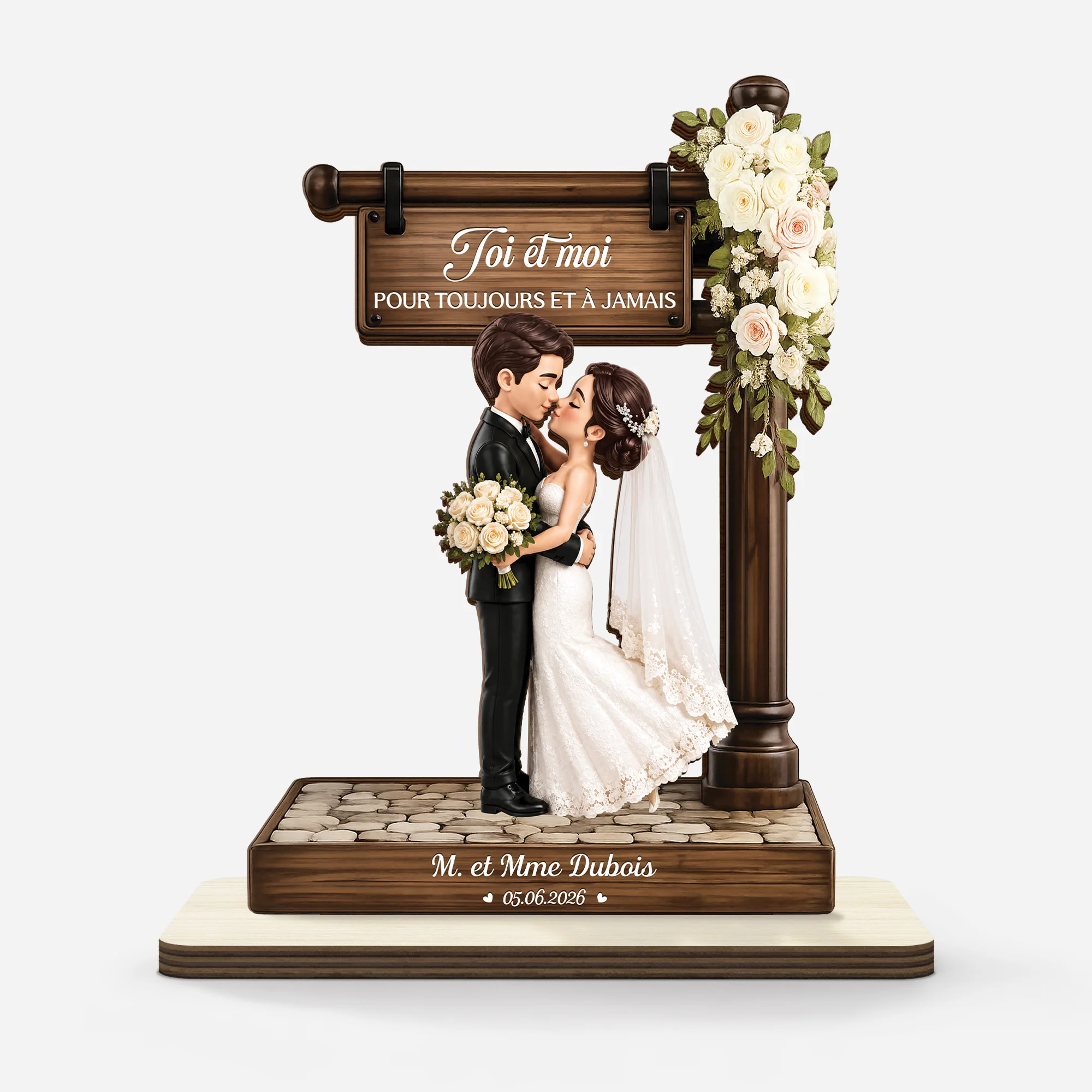 [Effet d'Impression 3D] Plaque En Bois Personnalisée Avec Support Plat - Cadeau Mariage Toi Et Moi