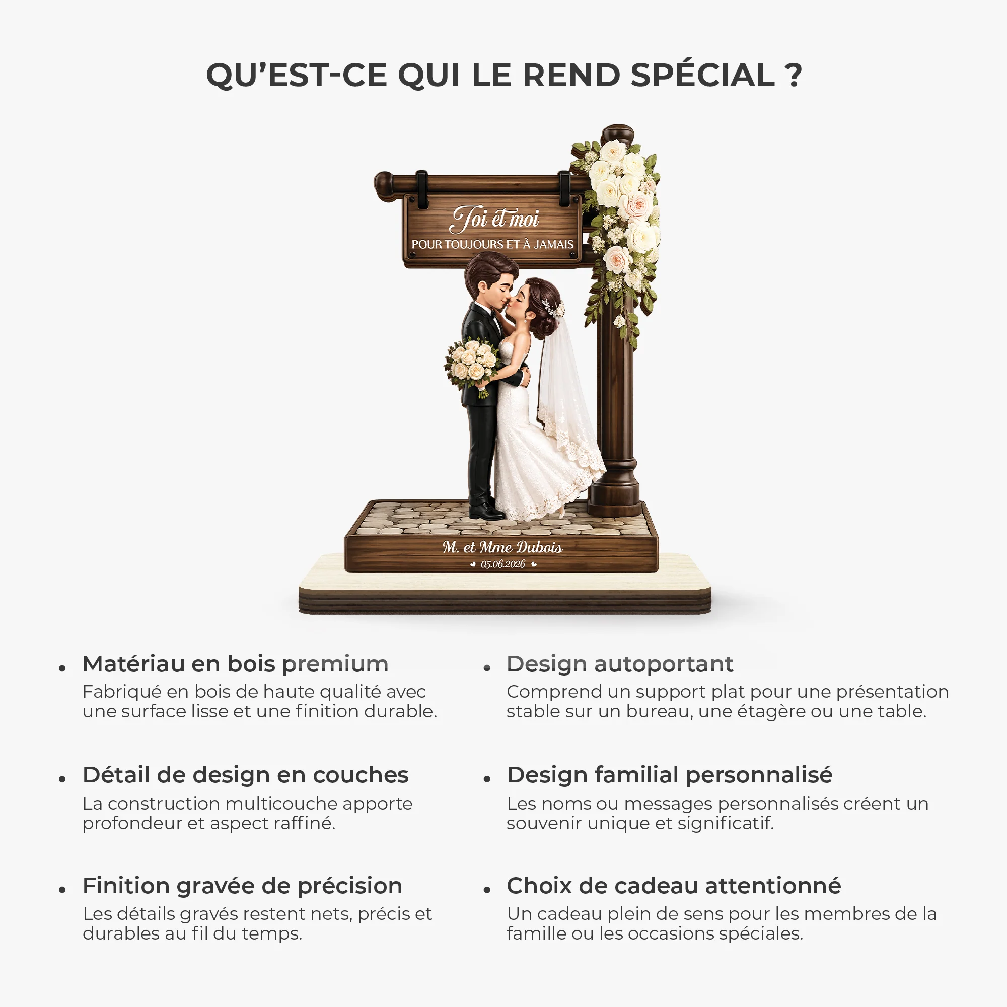 [Effet d'Impression 3D] Plaque En Bois Personnalisée Avec Support Plat - Cadeau Mariage Toi Et Moi - Image 6