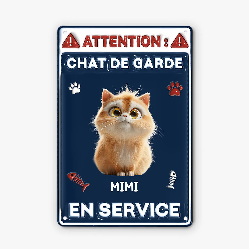 [Effet d'impression 3D] Plaque Métal Personnalisée - Chat De Garde En Patrouille