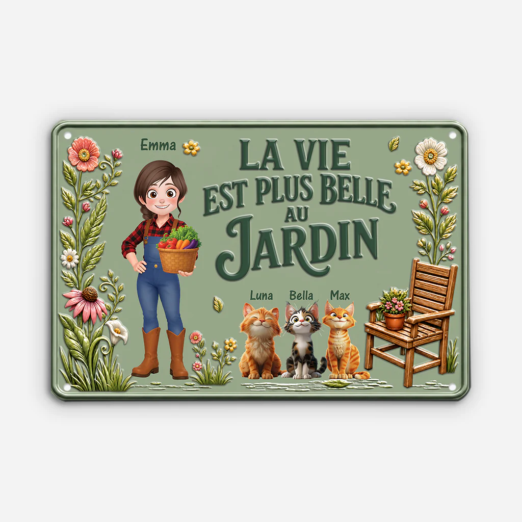 [Effet d'Impression 3D] Plaque Jardin Personnalisée Femme Homme - La Vie Est Plus Belle Au Jardin Avec Mes Chats
