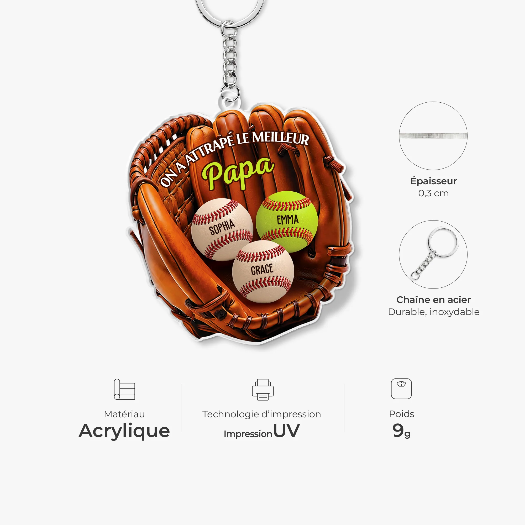 [Effet d'Impression 3D] Porte Clé Acrylique Personnalisable - Cadeau Maman Et Papa Baseball - Image 4