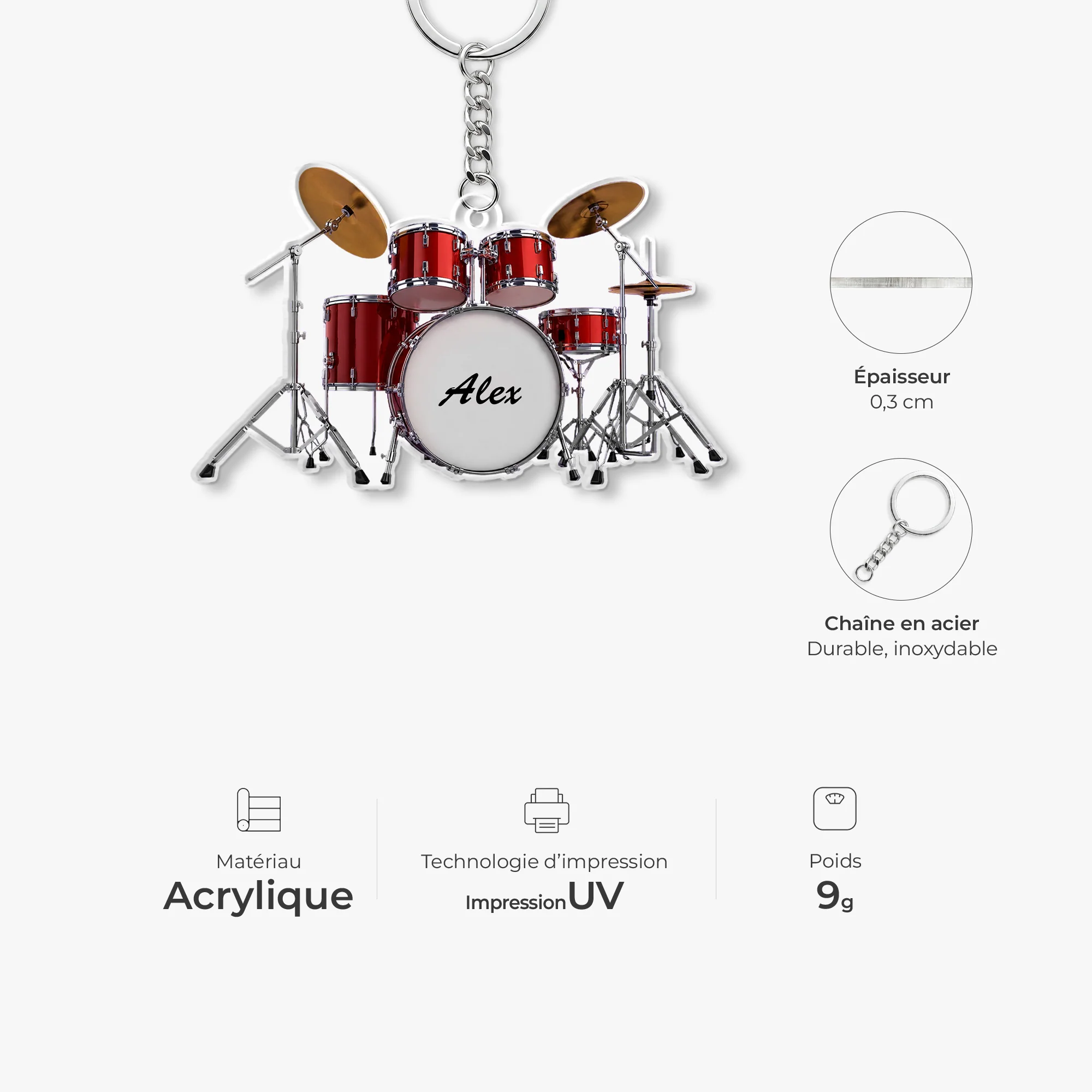 [Effet d'impression 3D] Porte Clés Acrylique Personnalisé Batterie - Cadeau Batteur Homme Et Femme - Image 4