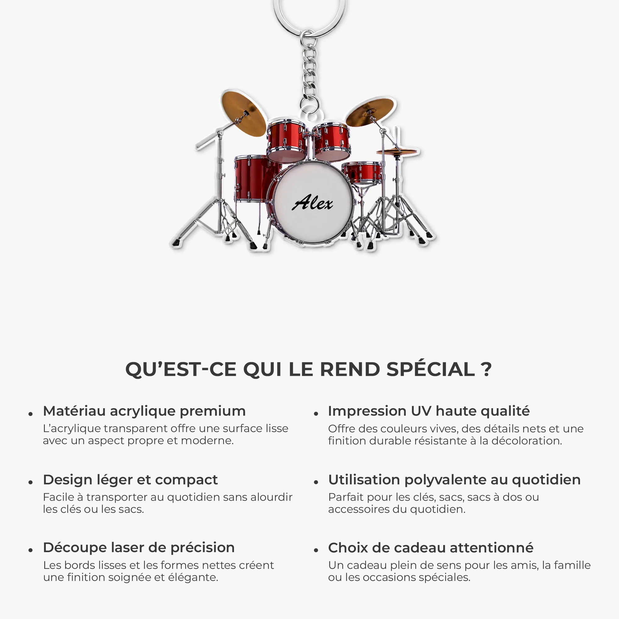 [Effet d'impression 3D] Porte Clés Acrylique Personnalisé Batterie - Cadeau Batteur Homme Et Femme - Image 6