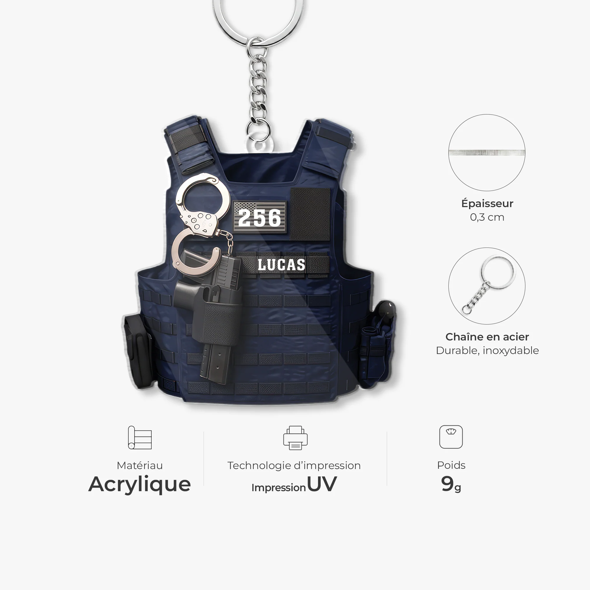 [Effet d'impression 3D] Porte Clés Acrylique Personnalisé - Cadeau Pour Un Policier - Image 4