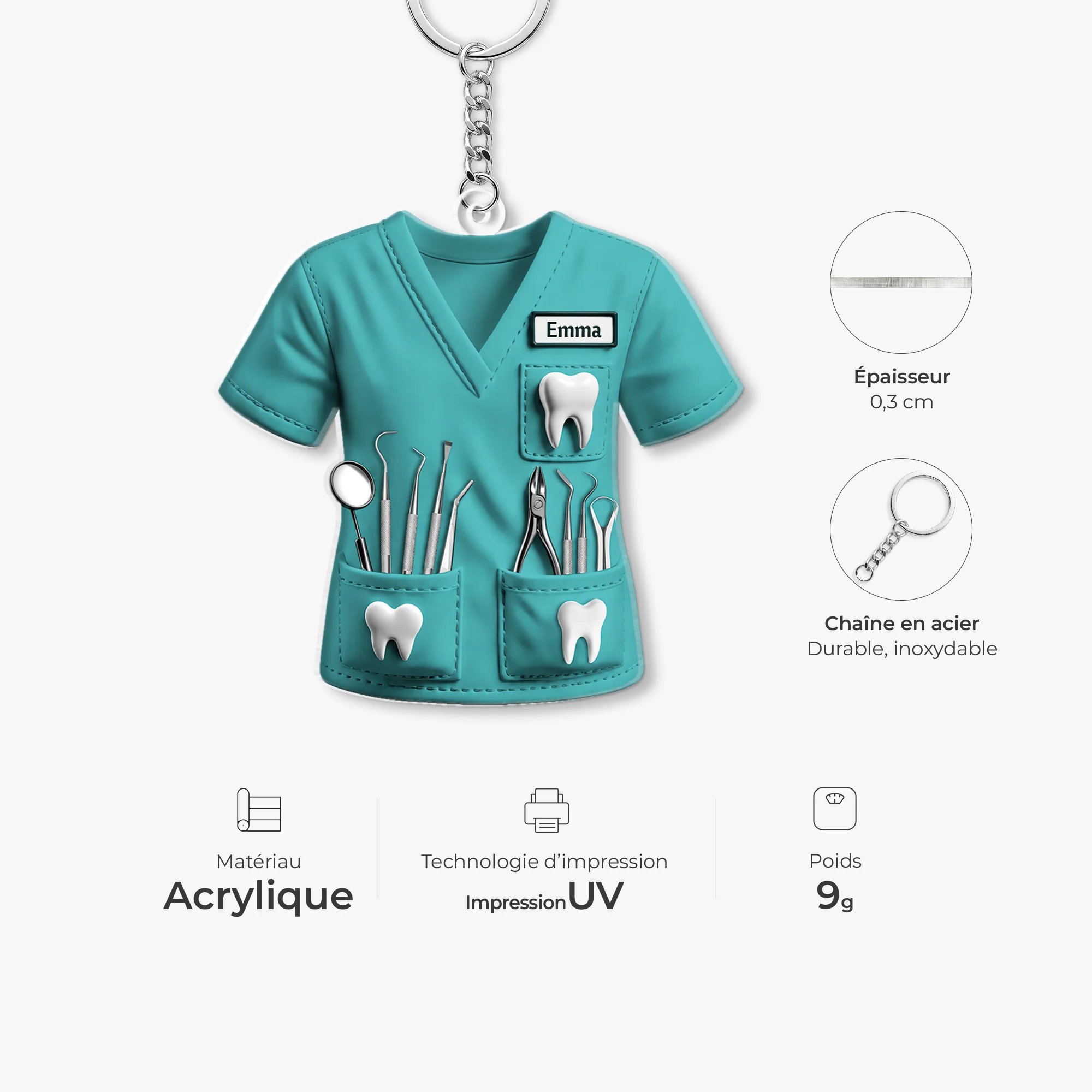 [Effet d'impression 3D] Porte Clés Personnalisé Acrylique - Cadeau Dentiste Avec Prénom - Image 4