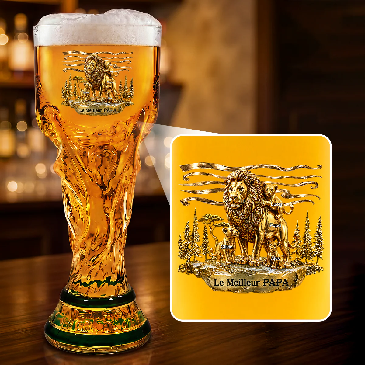 [Effet d'Impression 3D] Verre À Bière Trophée Personnalisable - Meilleur Papa Papy Lion