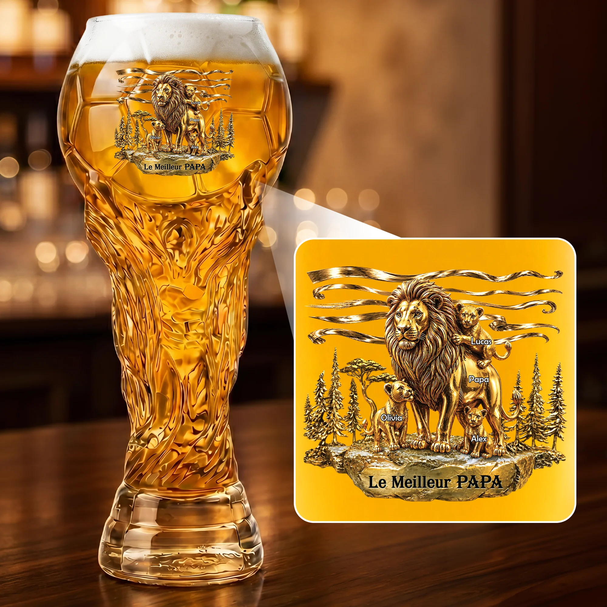 [Effet d'Impression 3D] Verre À Bière Trophée Sportive Personnalisable - Meilleur Papa Papy Lion