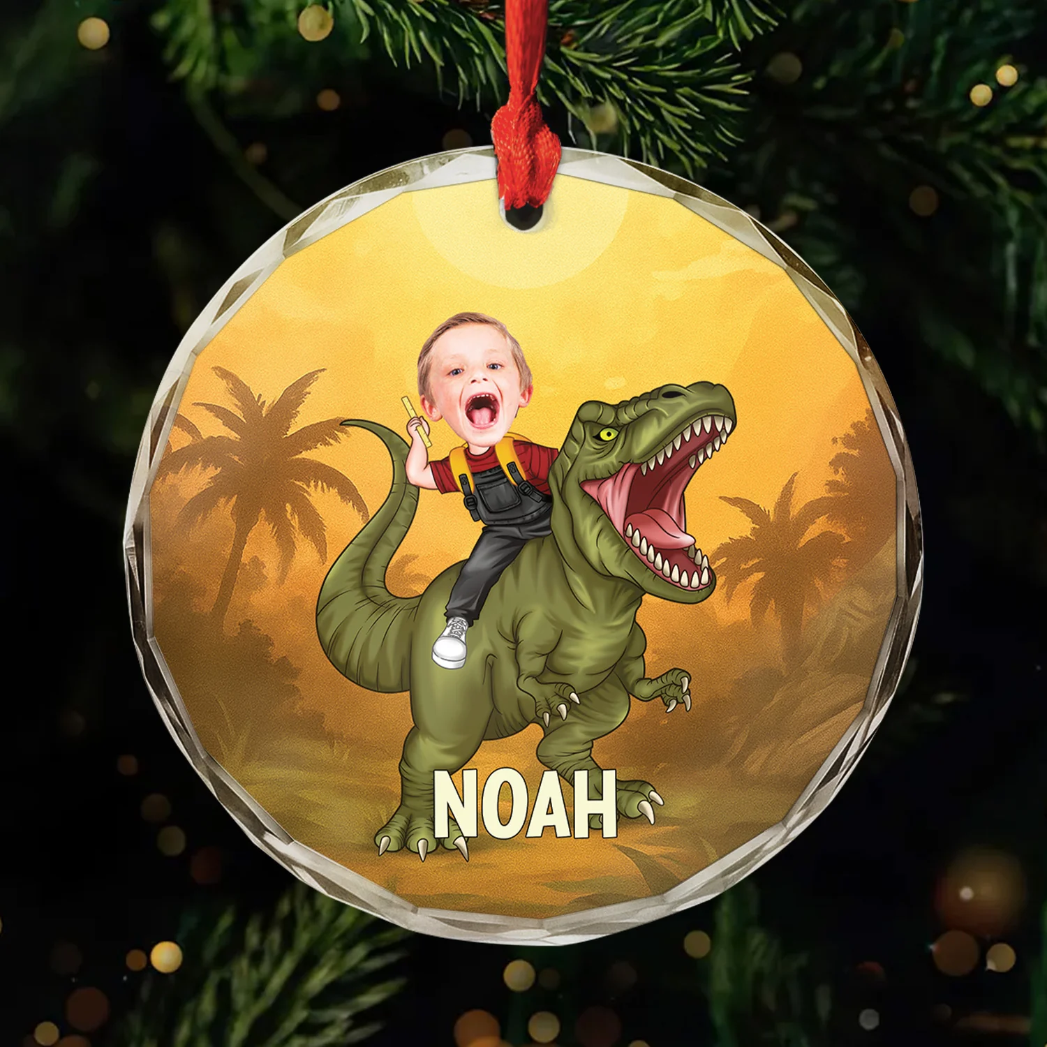 Ornement En Verre Personnalisé Pour Fille/Fils - Enfant Sur Un Dinosaure