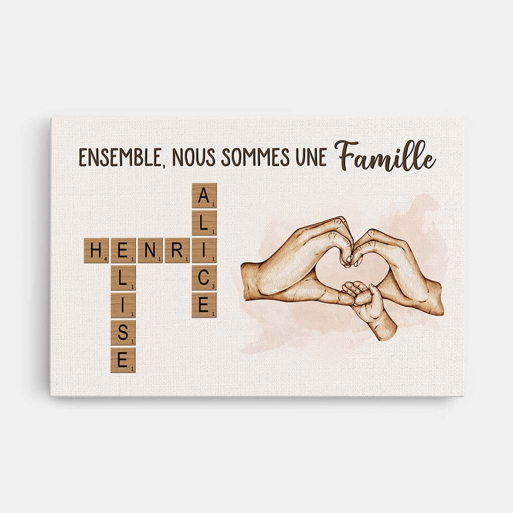 Toile cœur familial avec mains et mot croisé personnalisé