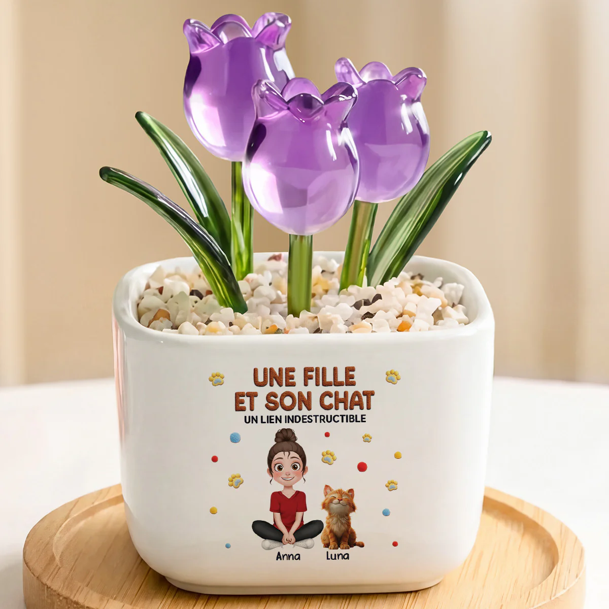 Fleurs En Verre Déco Faites Main Avec Pot - Cadeau Fille Et Son Chat