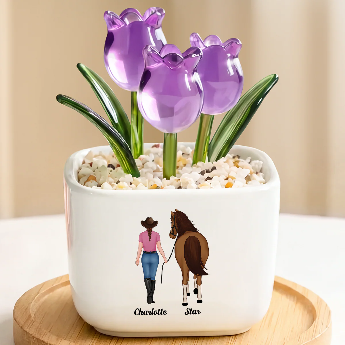 Fleurs En Verre Faites Main Avec Pot - Cadeau Fan De Cheval