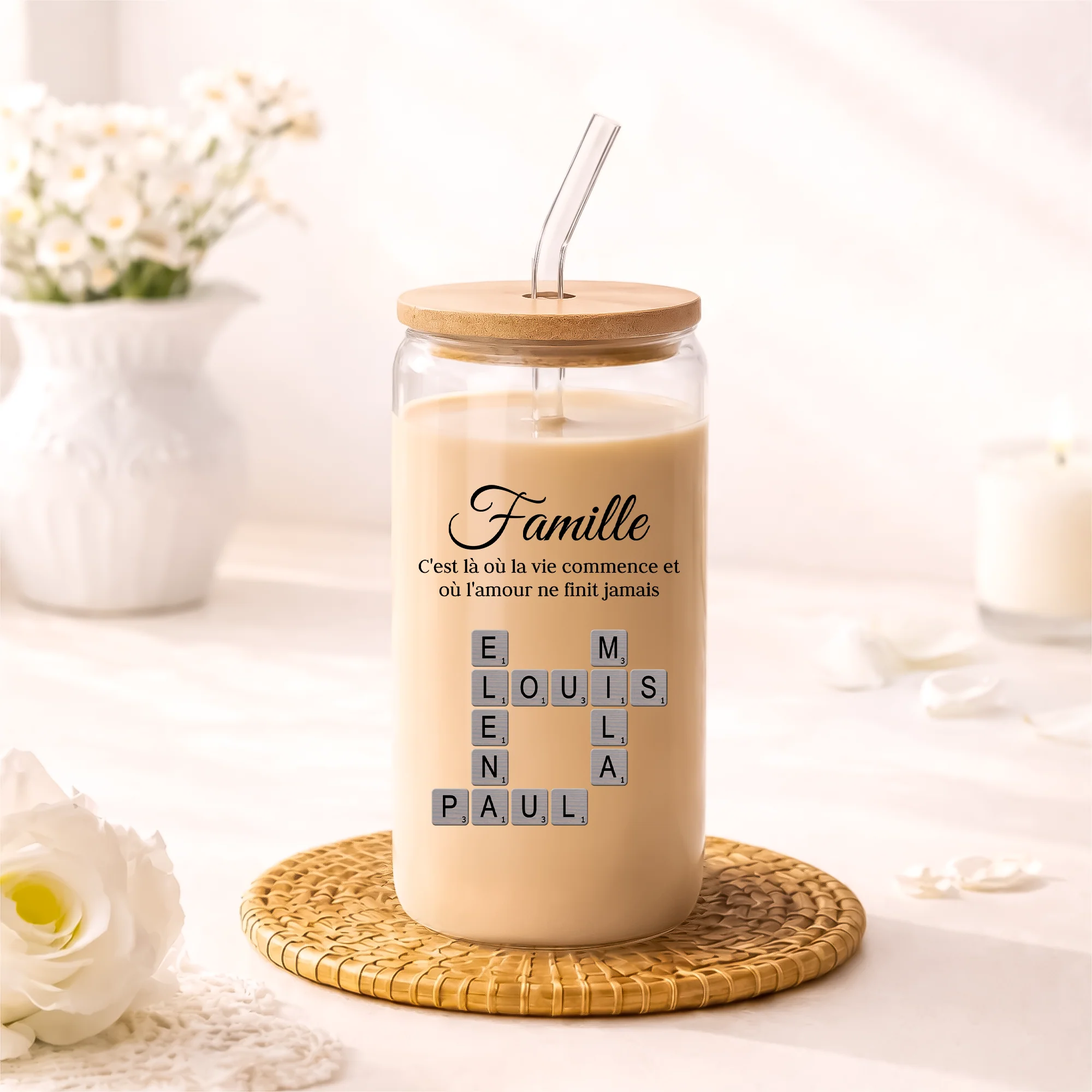 Gobelet En Verre Avec Paille Personnalisé - Mot Croisé Famille Avec Amour - Image 2