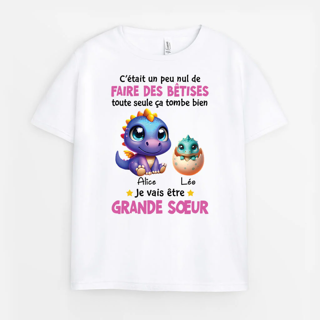 Tee Shirt Personnalisé Enfant Dinosaure - Je Vais Être Grand Soeur