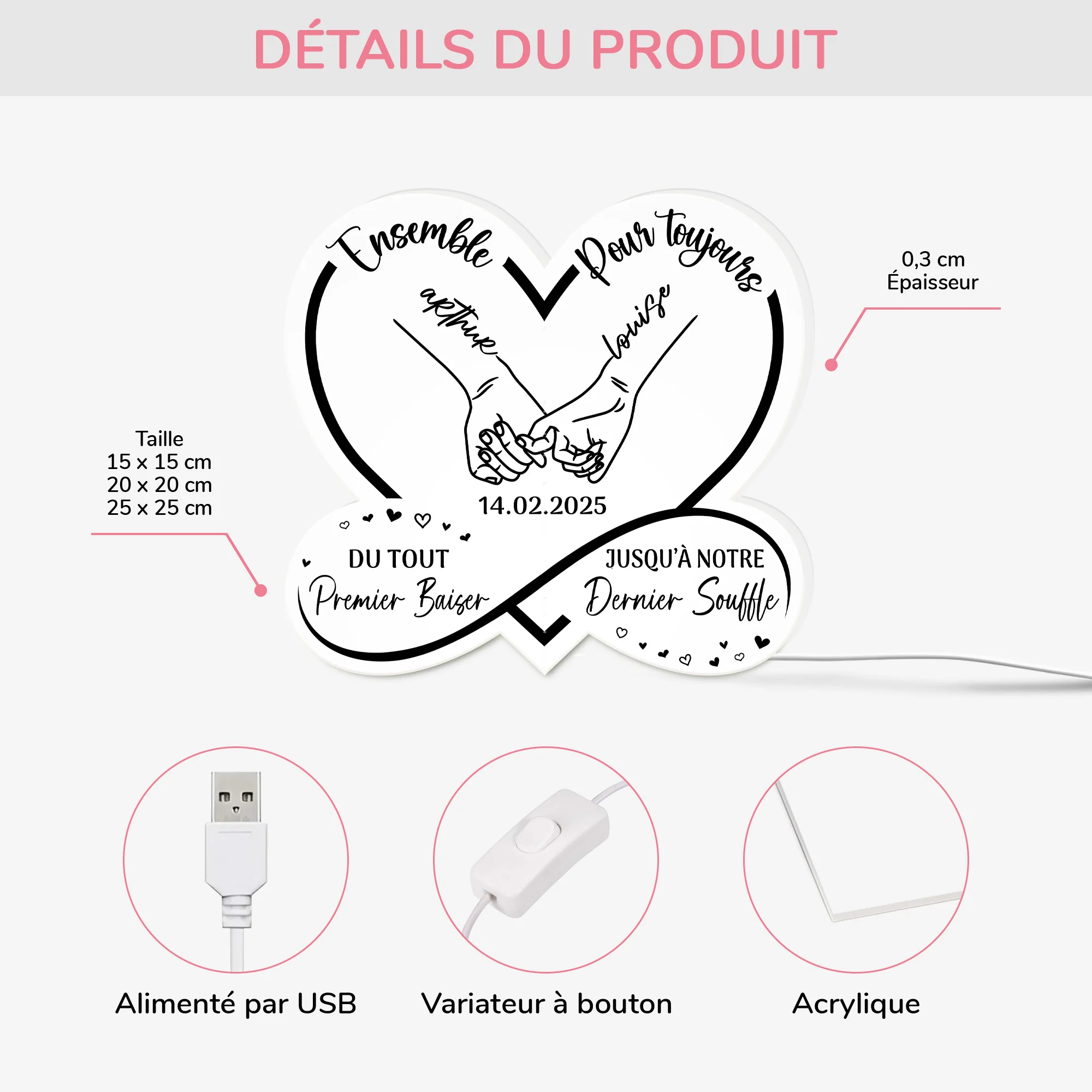 Lightbox Personnalisable Pour Couple - Ensemble Pour Toujours - Version Mains - Image 3