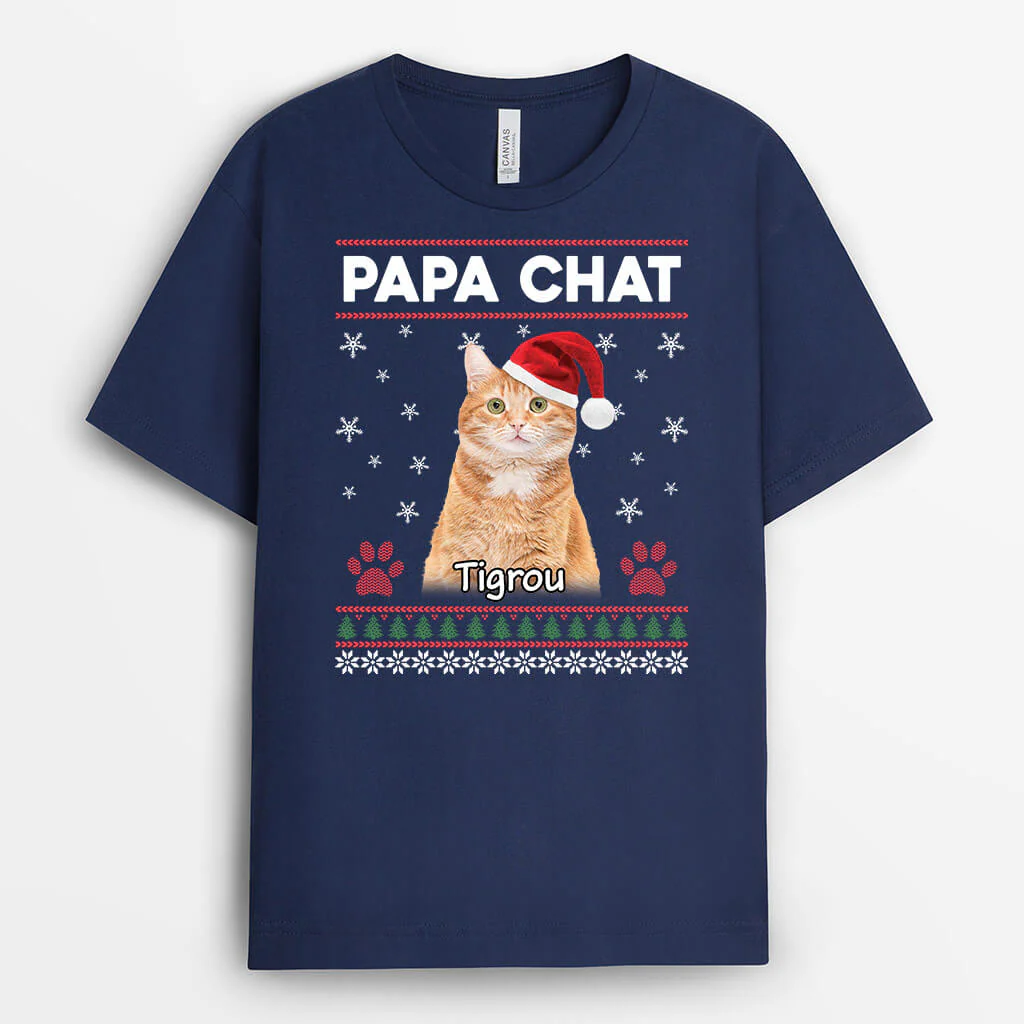 Cadeau Noël Personnalisé – T-Shirt Maman Chat Motifs Noël Avec Photo