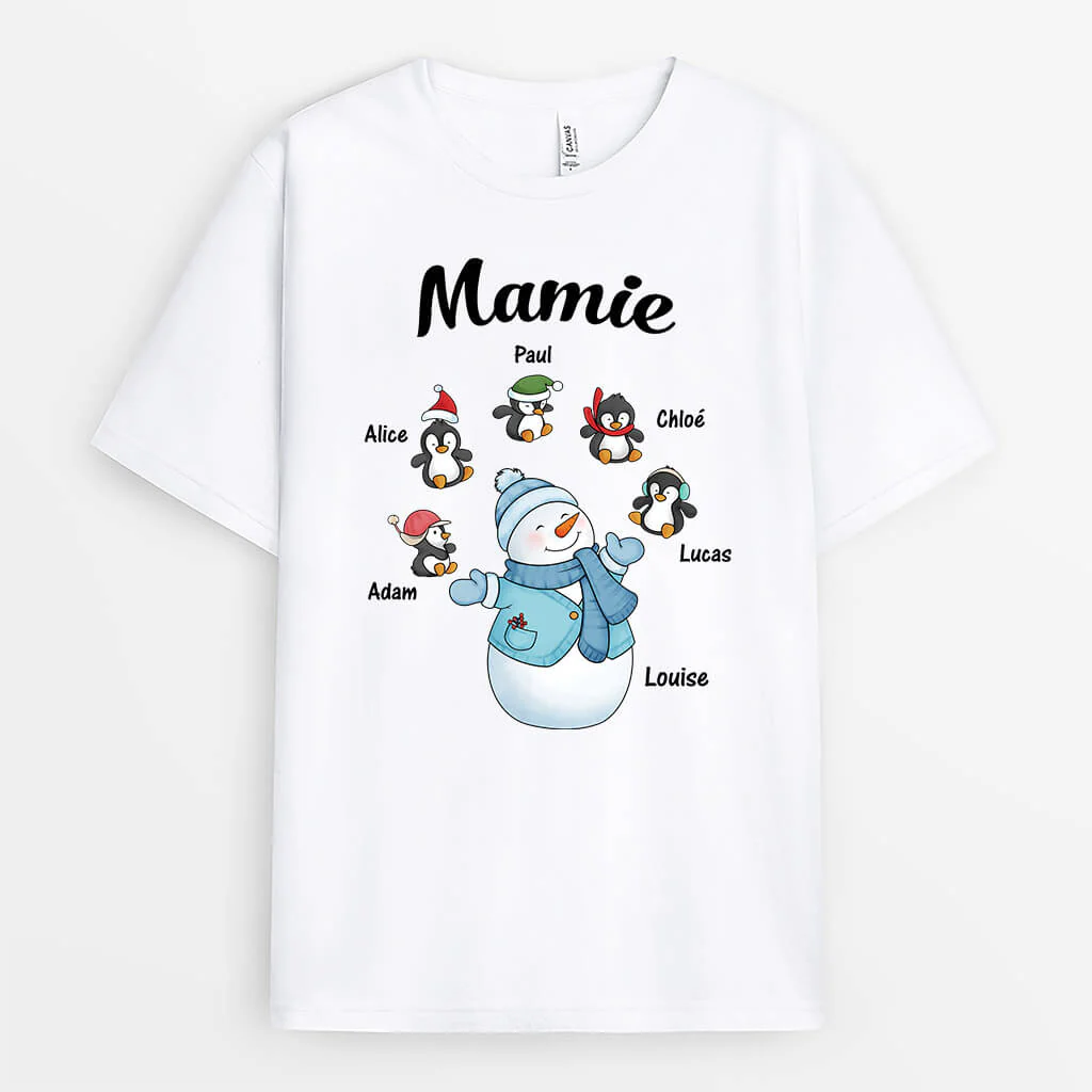 Mamie Bonhomme De Neige Et Ses Manchots - T Shirt Grand Mère Pour Noel Personnalisé