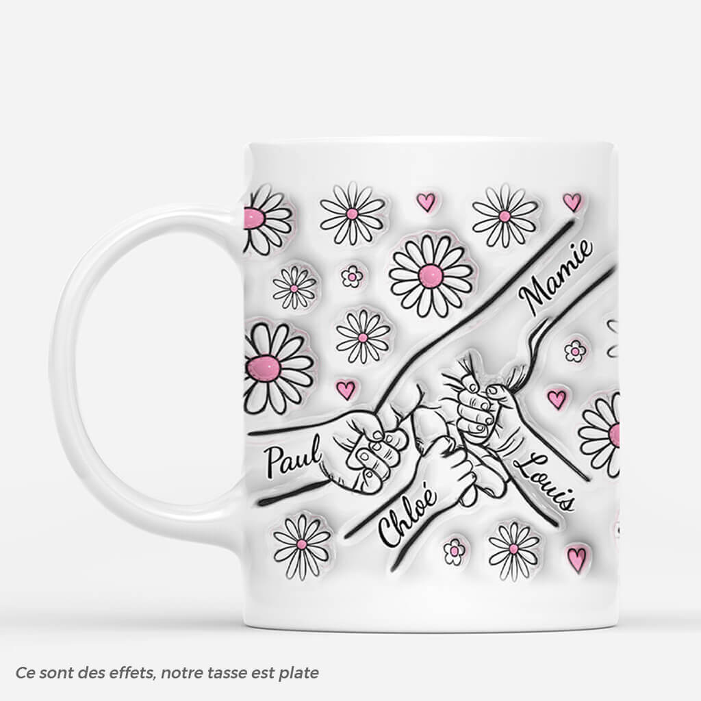 [Effet d'impression 3D]  Mamie Tenant Les Mains Avec Fleurs Roses - Mug Mamie Personnalisé