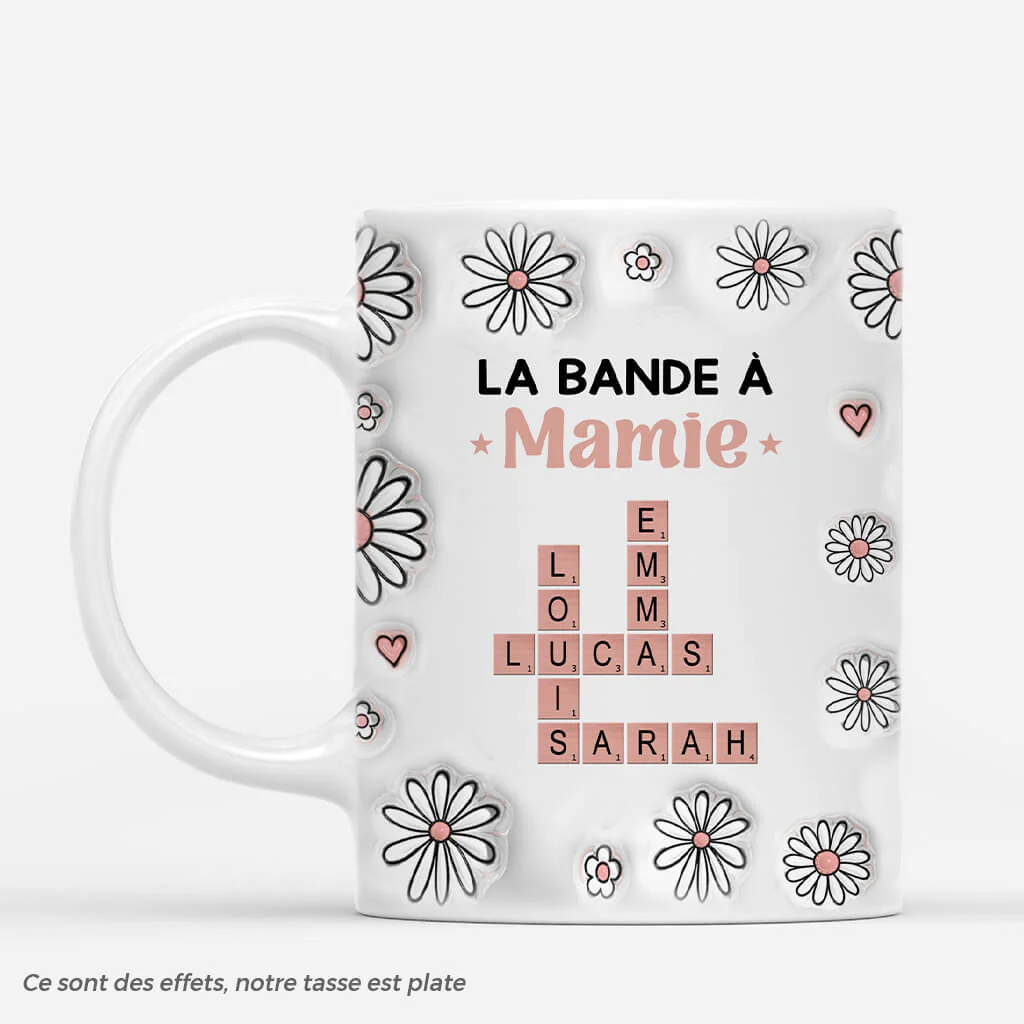 [Effet d'Impression 3D] Mug Personnalisé Mamie - La Bande À Mamie - Fleurs Et Mots-Croisés