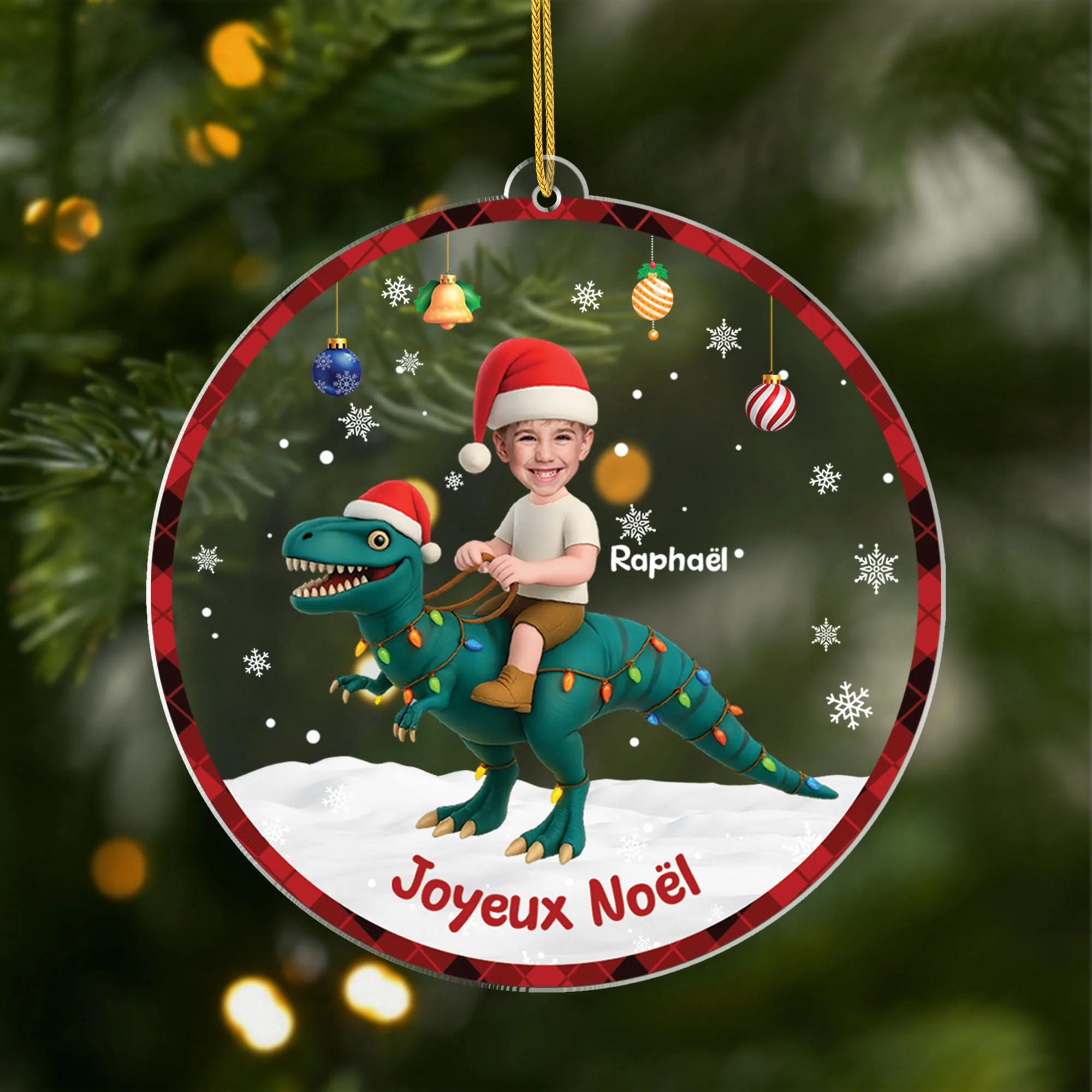 Ornement Acrylique Personnalisé Avec Photo Enfant - Mon Dinosaure De Noël