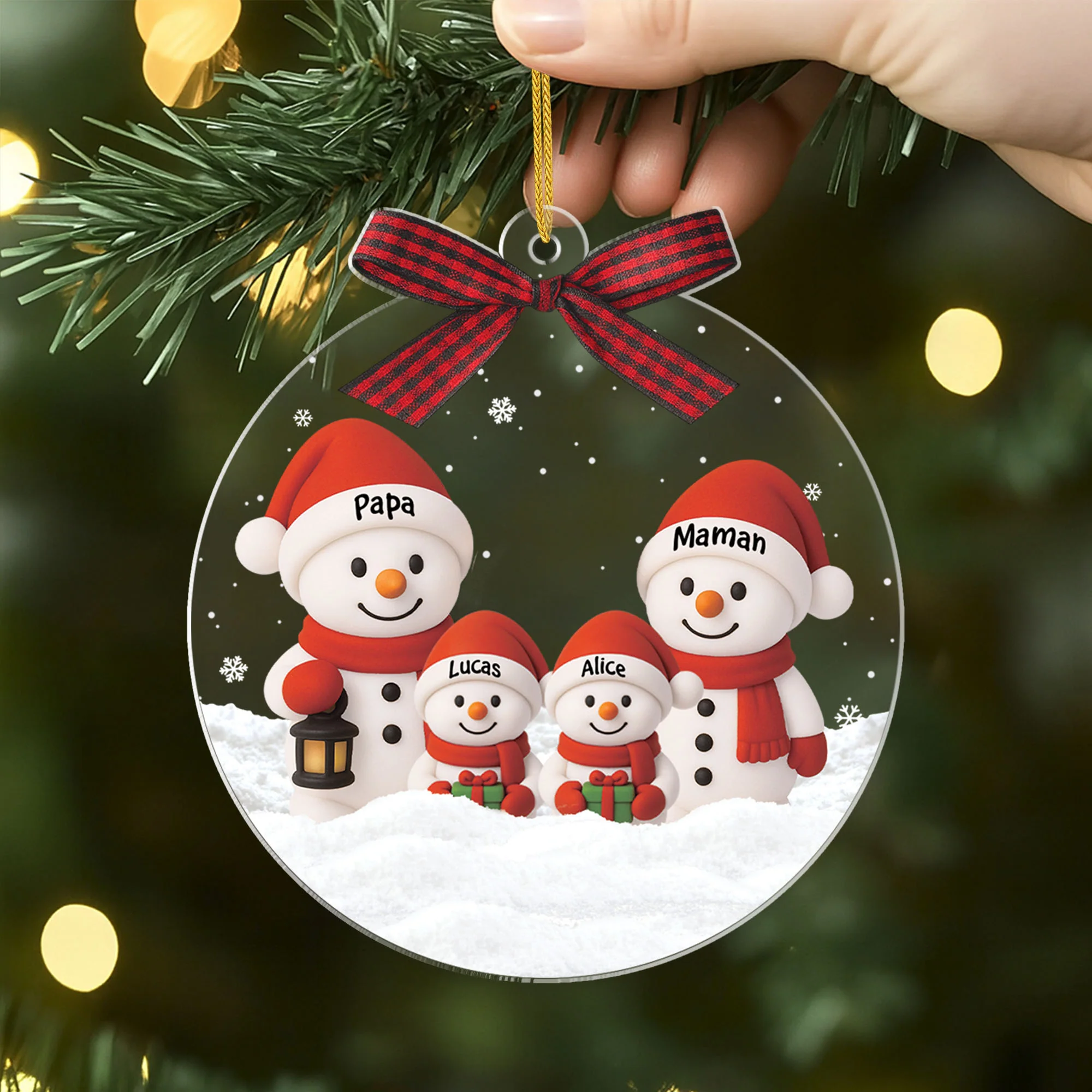 Ornement Acrylique Personnalisé - Boule Noël Avec Famille Bonhomme De Neige Ensemble - Image 2