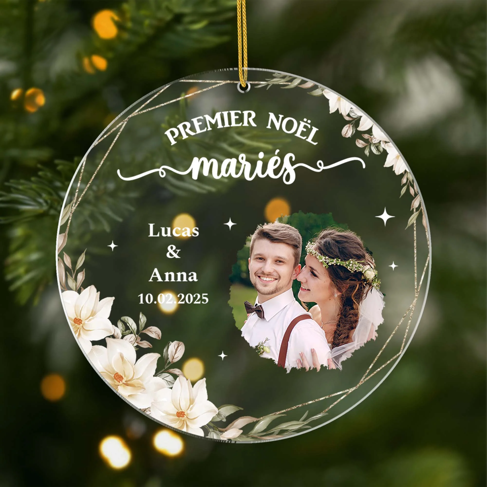 Ornement Acrylique Personnalisé Couple Avec Photo - Premier Noël Mariés