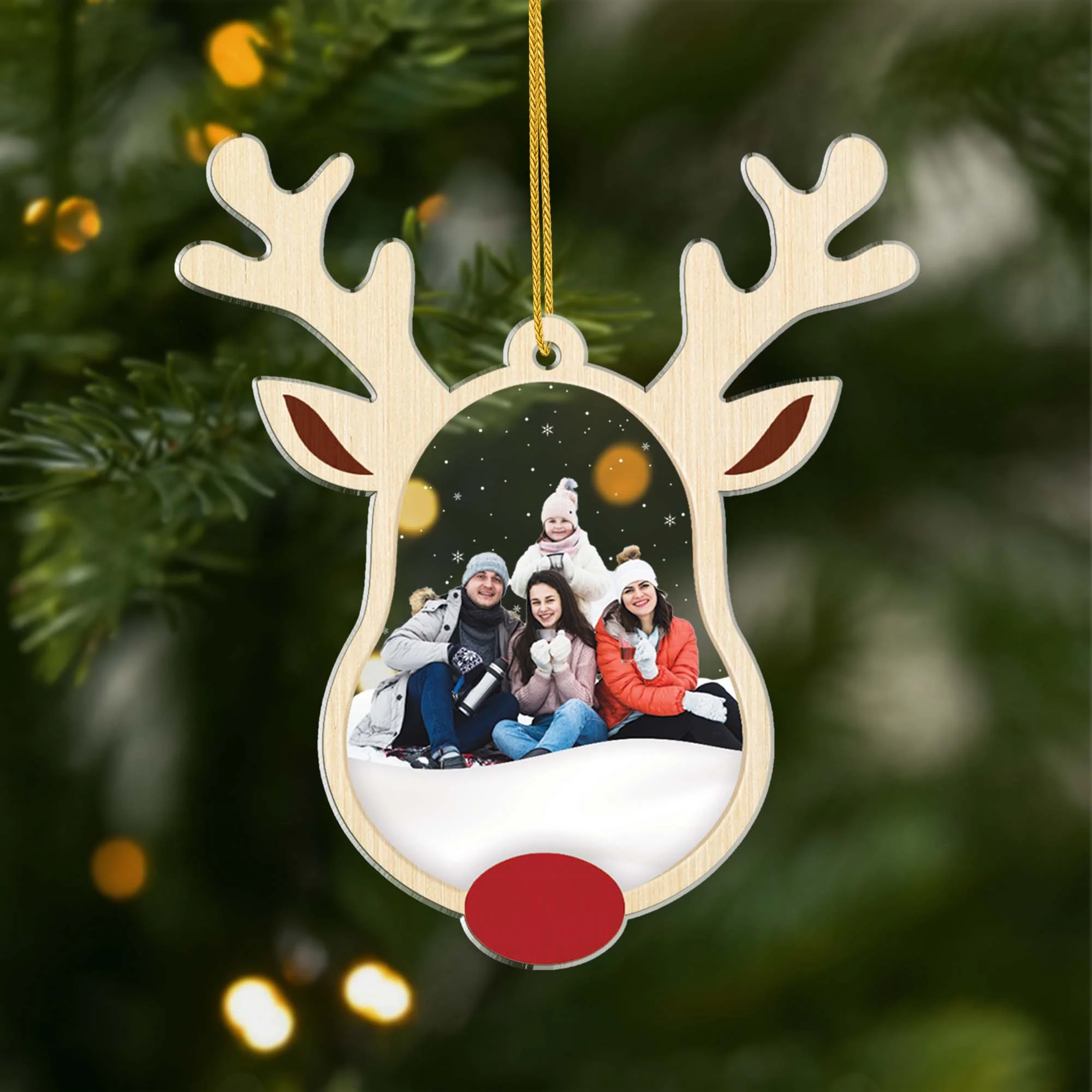 Ornement Acrylique Personnalisé - Renne Noël Avec Photo De Famille
