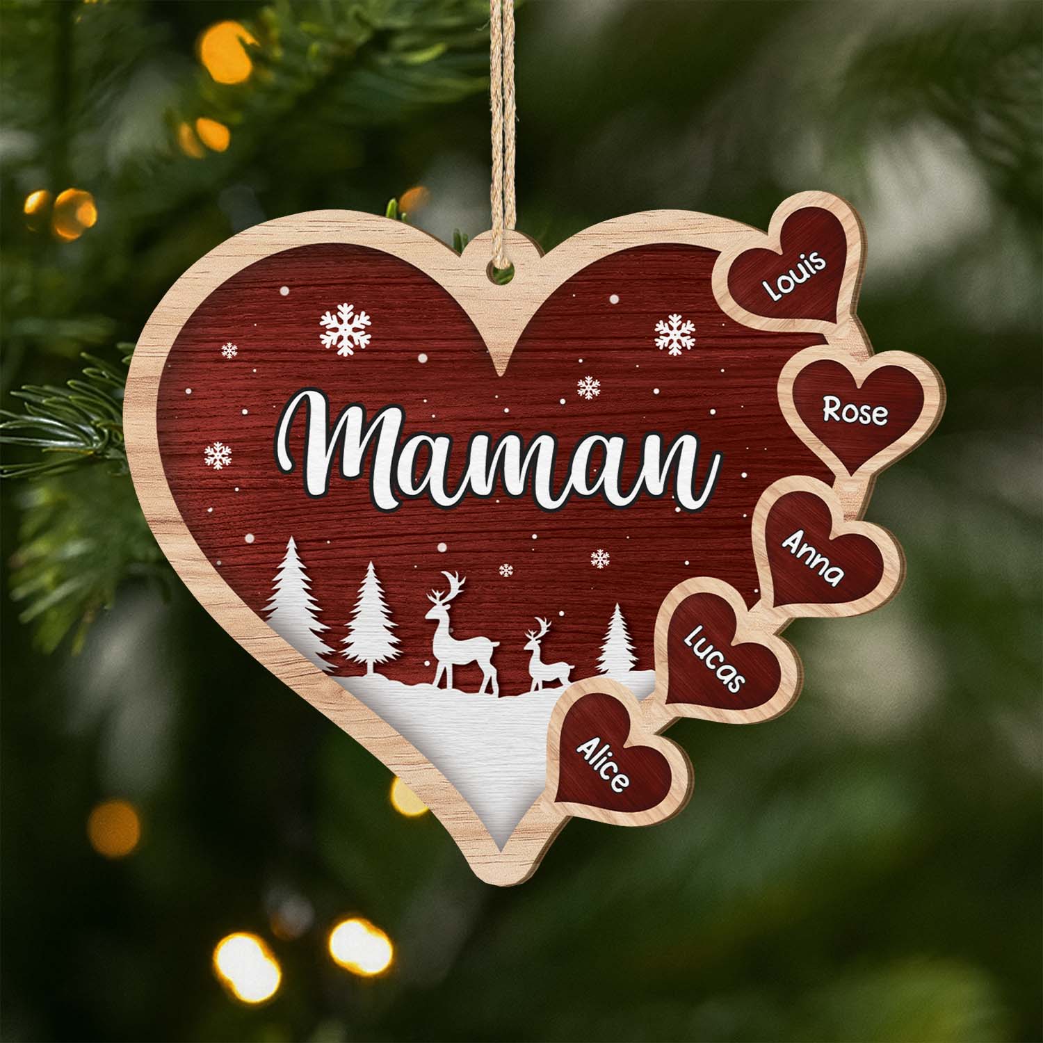 Ornement De Noël En Bois À 1 Couche Personnalisé - Coeur De Maman/Papa