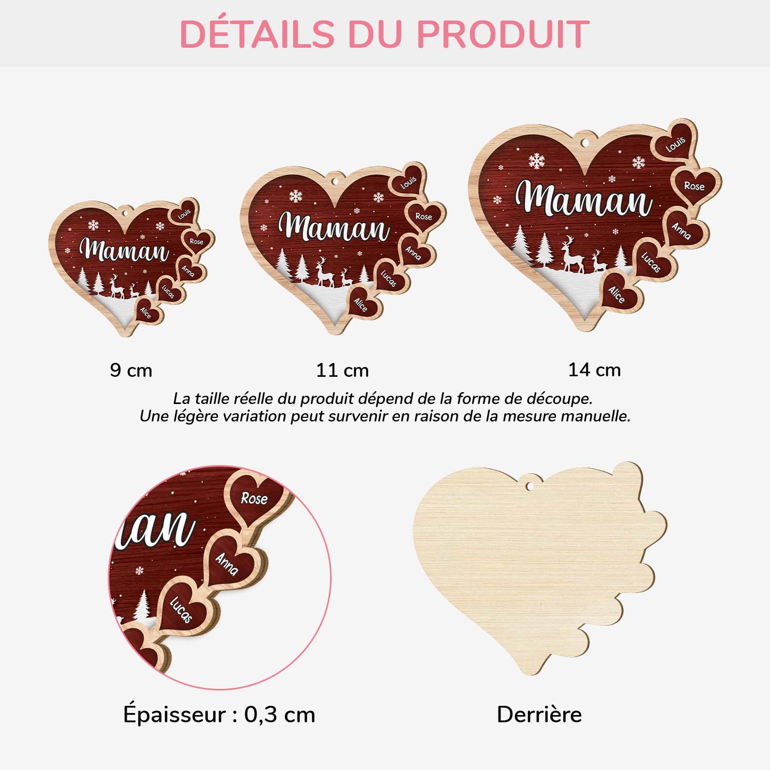 Ornement De Noël En Bois À 1 Couche Personnalisé - Coeur De Maman/Papa - Image 3