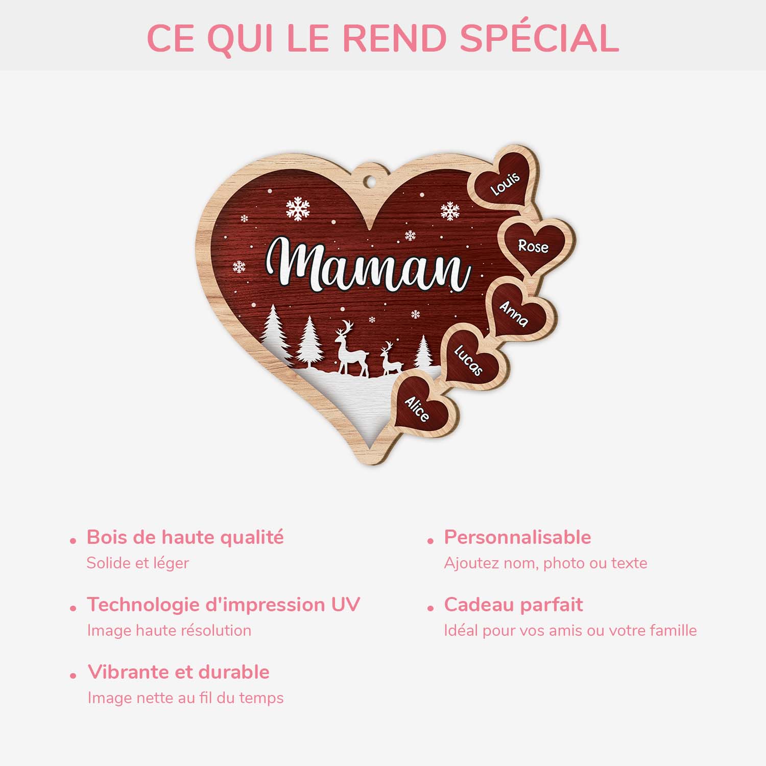 Ornement De Noël En Bois À 1 Couche Personnalisé - Coeur De Maman/Papa - Image 4