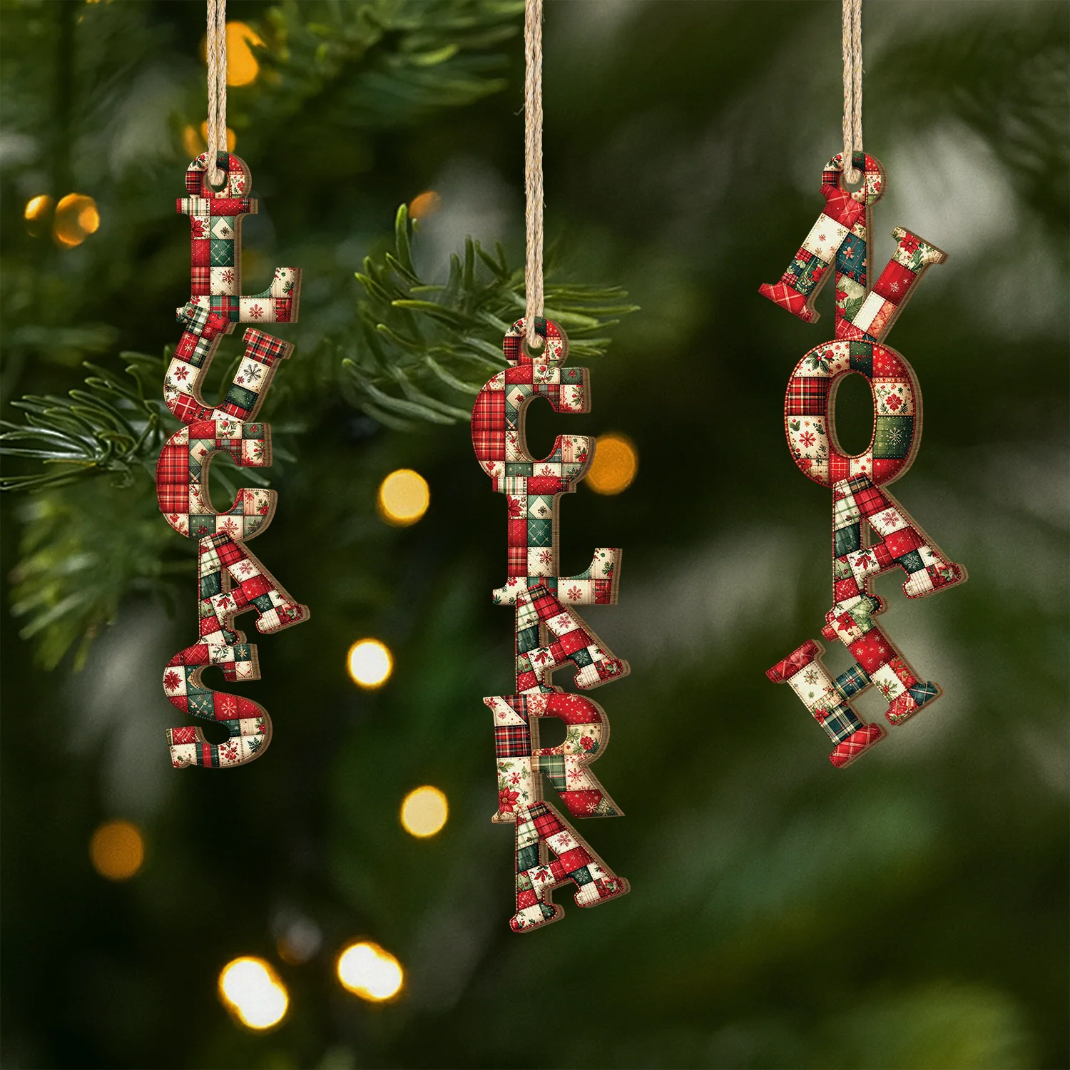 Ornement En Bois À 1 Couche Personnalisé Homme/Femme - Lettres Patchwork De Noël Avec Prénom