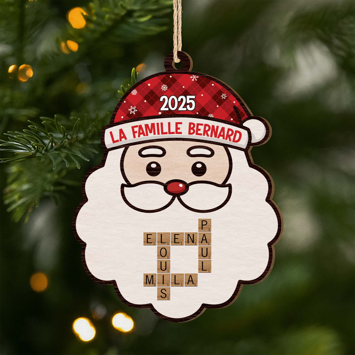 Ornement En Bois À 1 Couche Personnalisé - Père Noël De Famille Avec Mots-Croisés
