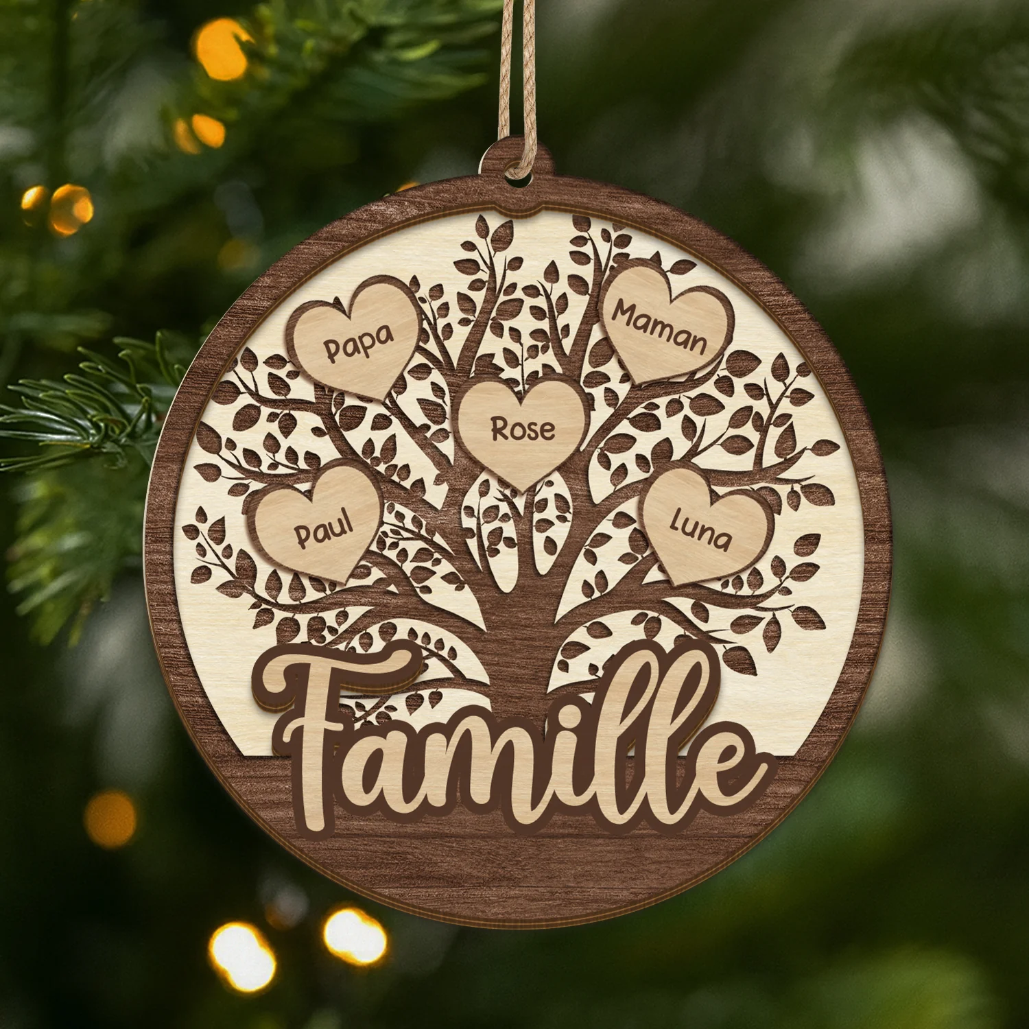 Ornement En Bois À 2 Couches Personnalisé - Notre Arbre De Vie Famille Avec Cœur