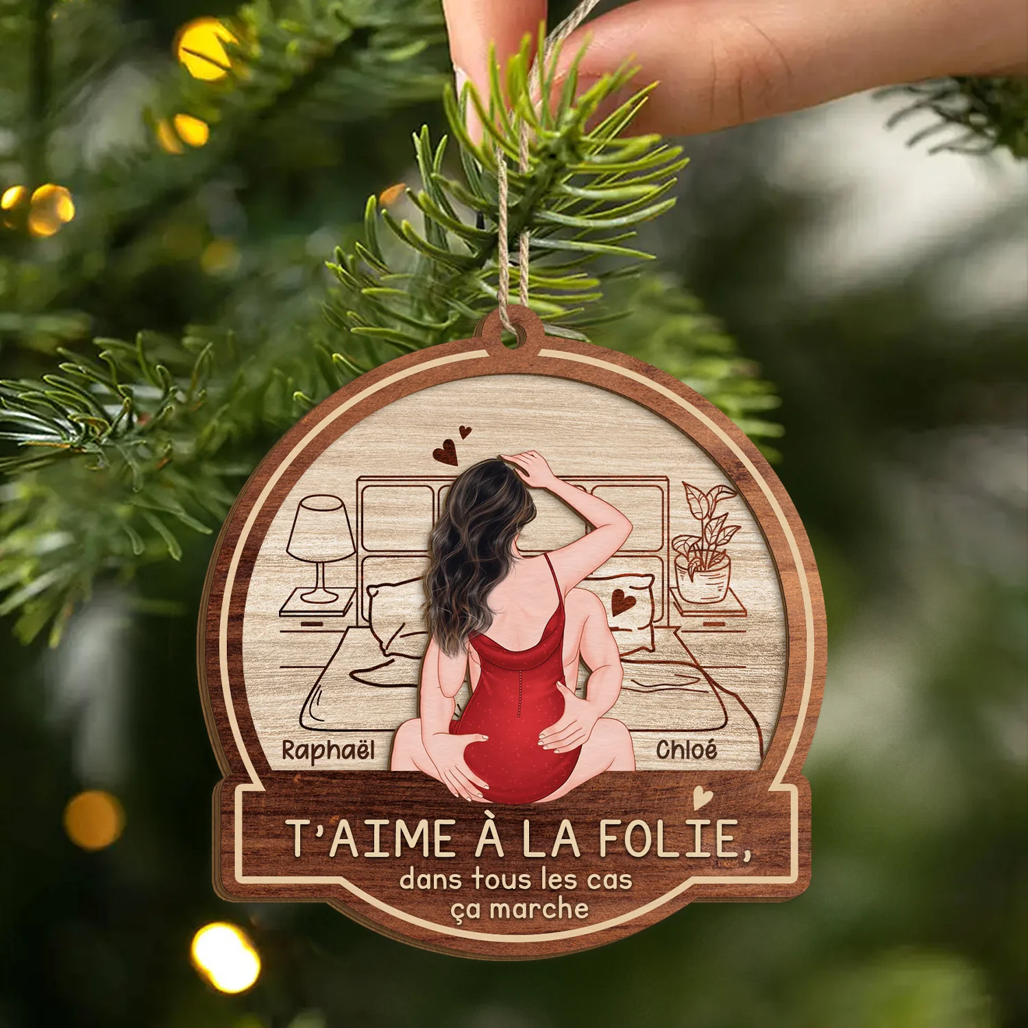 Ornement En Bois À 2 Couches Personnalisé Pour Couple - T’aime À La Folie - Image 2